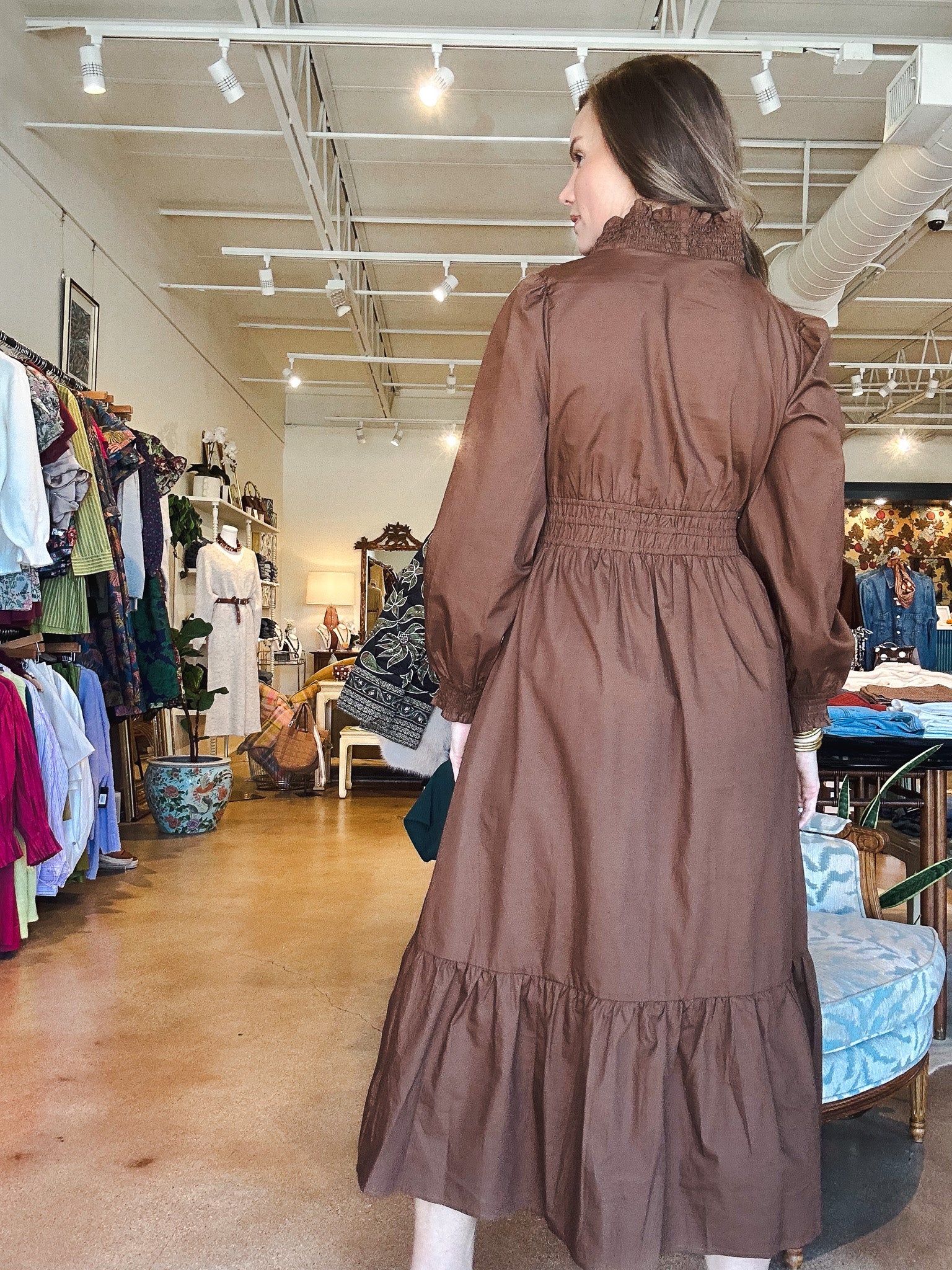 Hannah Smocked Midi Dress - Brown - Elle Maxine