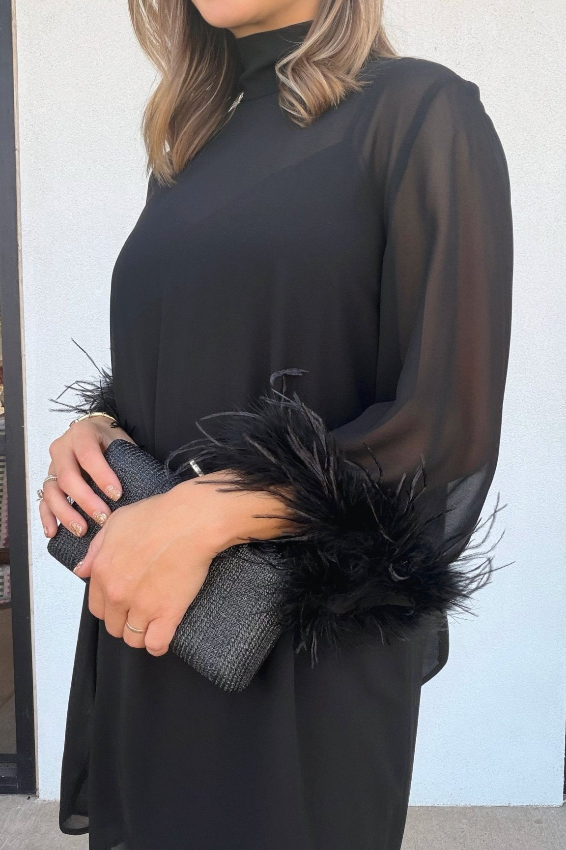 Harley Feather Trim Long Sleeve Dress - Elle Maxine