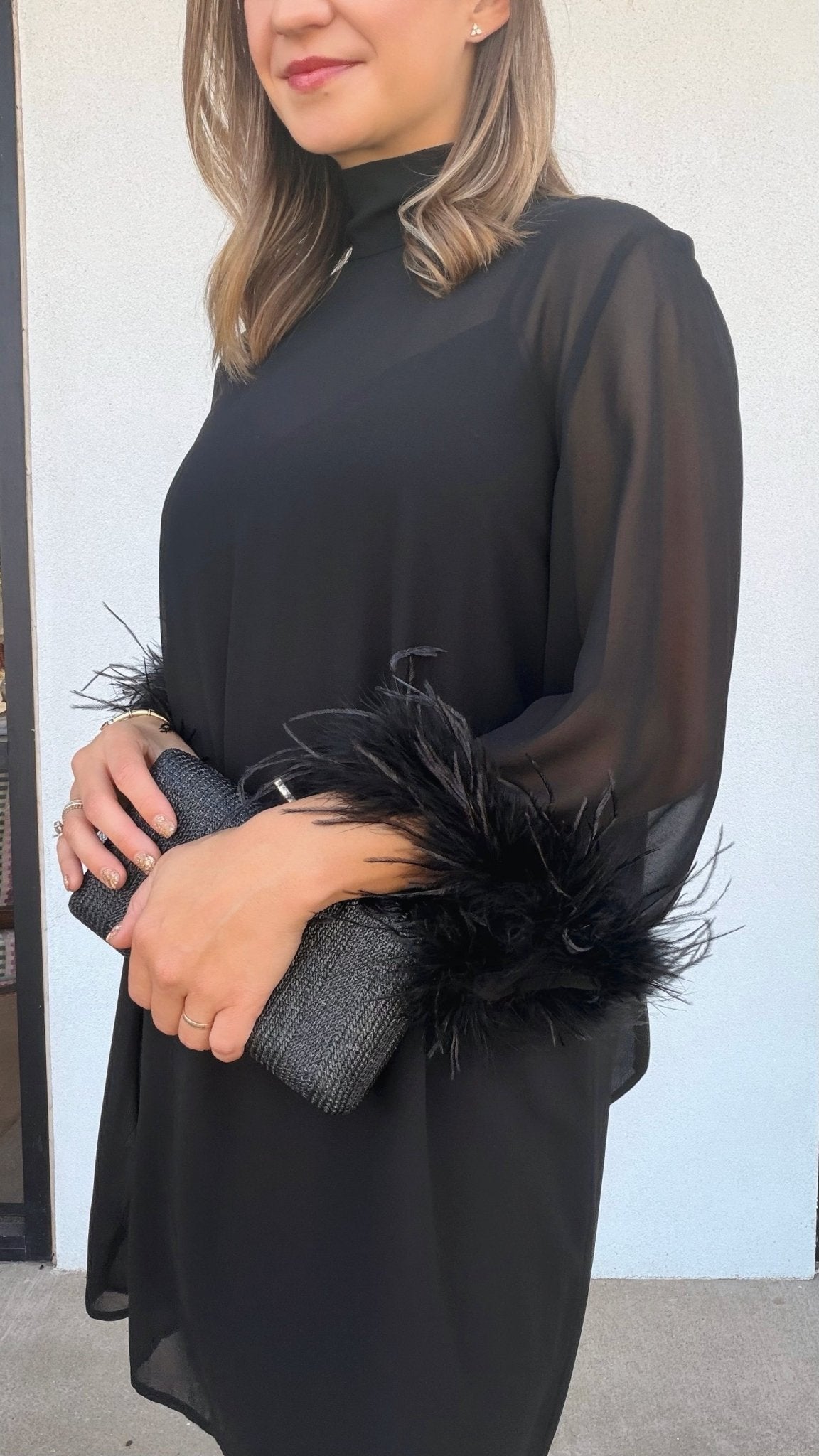 Harley Feather Trim Long Sleeve Dress - Elle Maxine