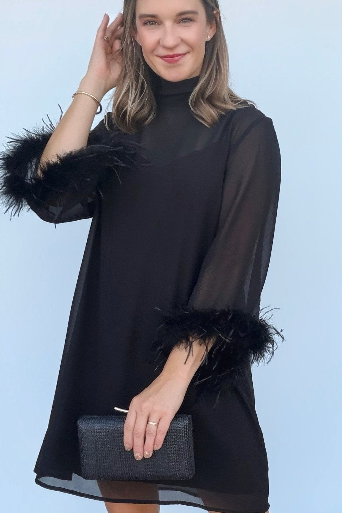 Harley Feather Trim Long Sleeve Dress - Elle Maxine