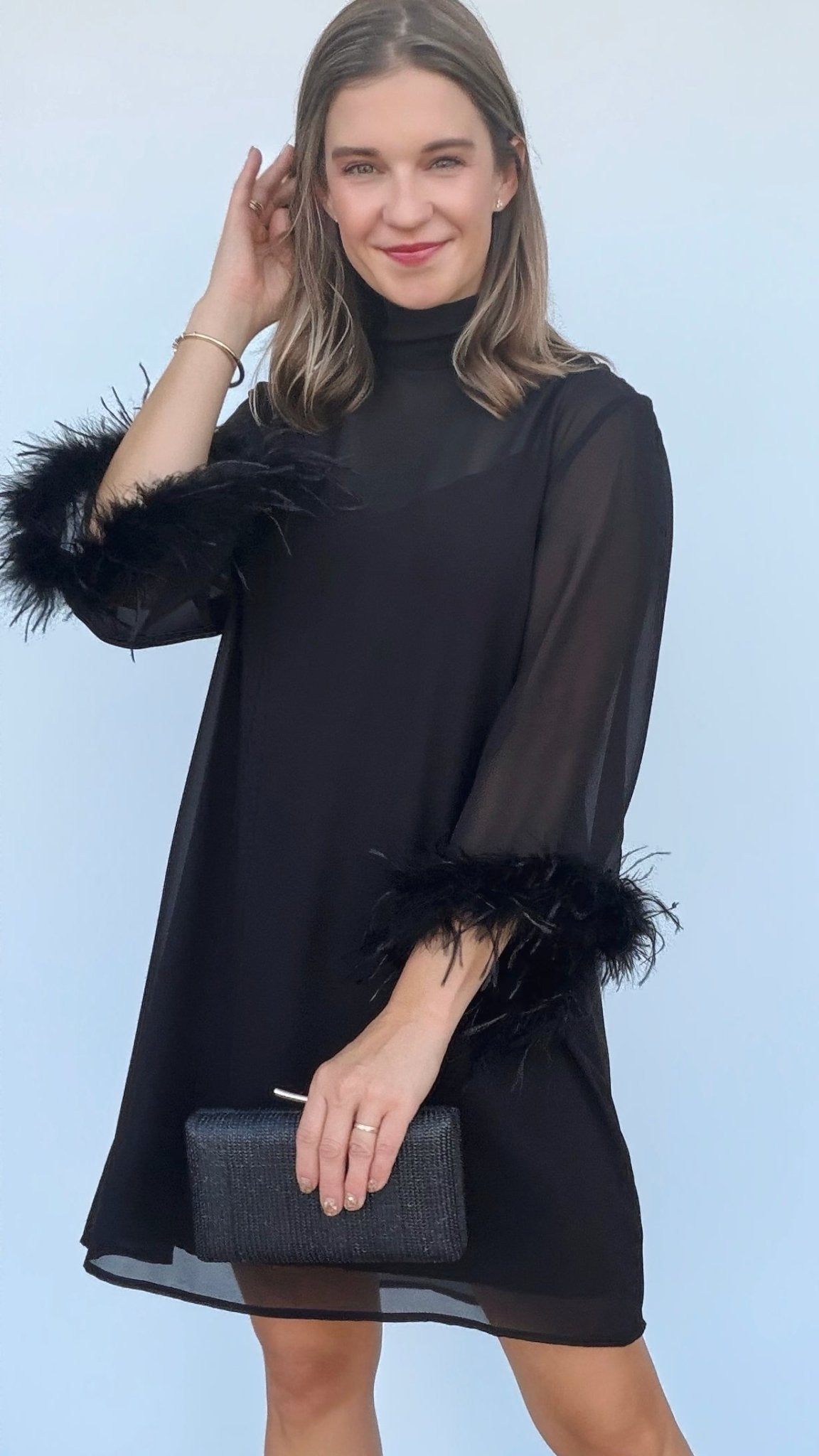 Harley Feather Trim Long Sleeve Dress - Elle Maxine