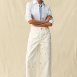 High Ride Wide Leg Jeans - Embroidered Daisy - Elle Maxine