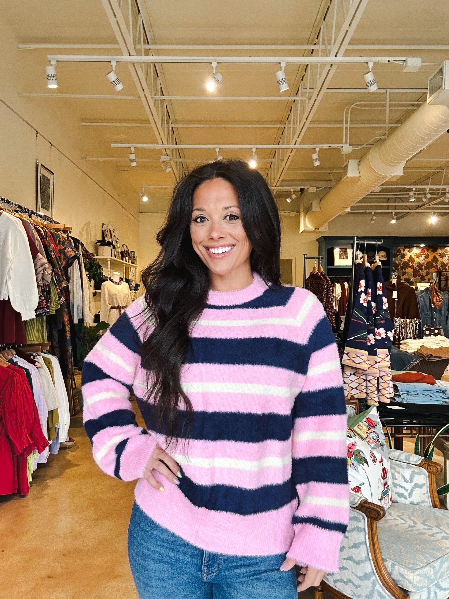 Himalayen Stripe Fuzzy Sweater - Elle Maxine