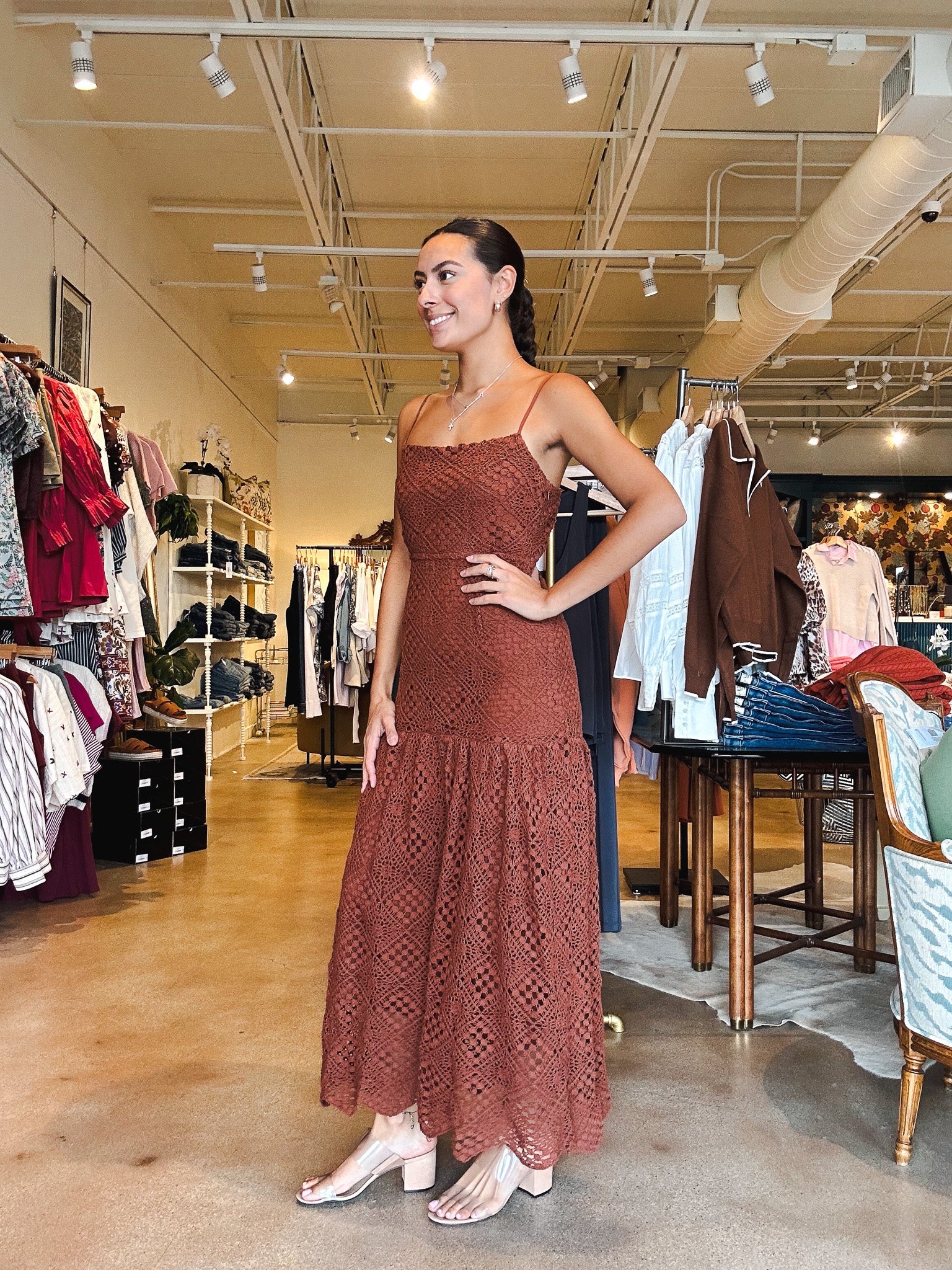 Jane Crochet Midi Dress - Brown - Elle Maxine