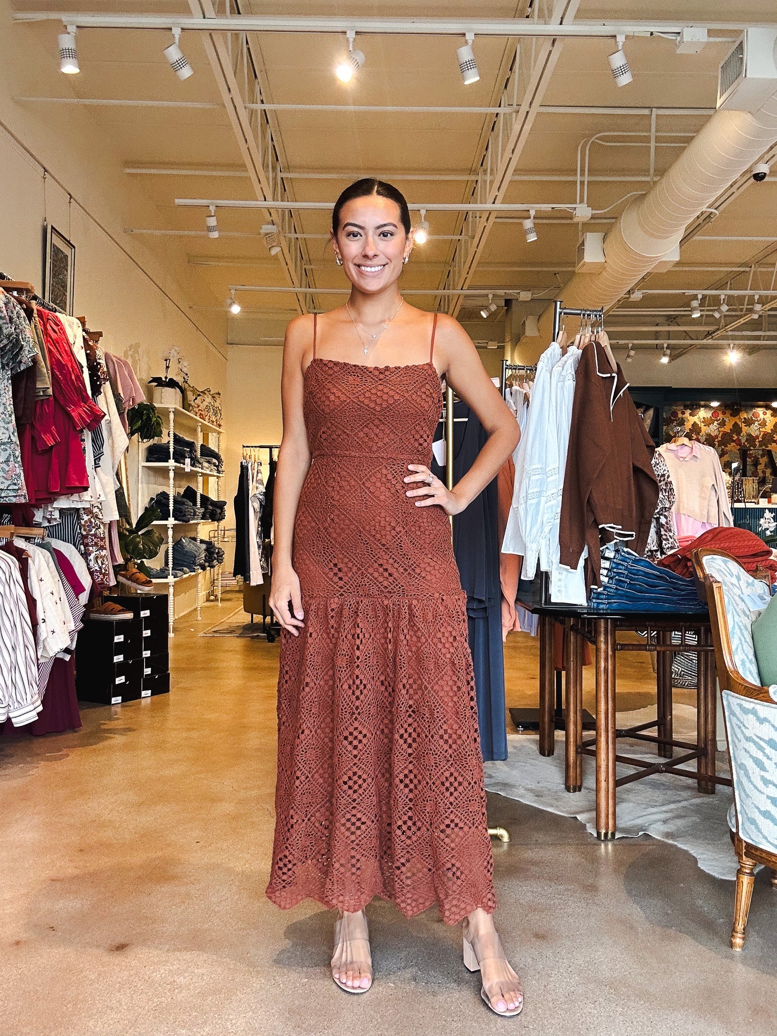 Jane Crochet Midi Dress - Brown - Elle Maxine
