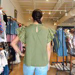 Jasmine Embroidered Floral Sleeve Top - Olive - Elle Maxine