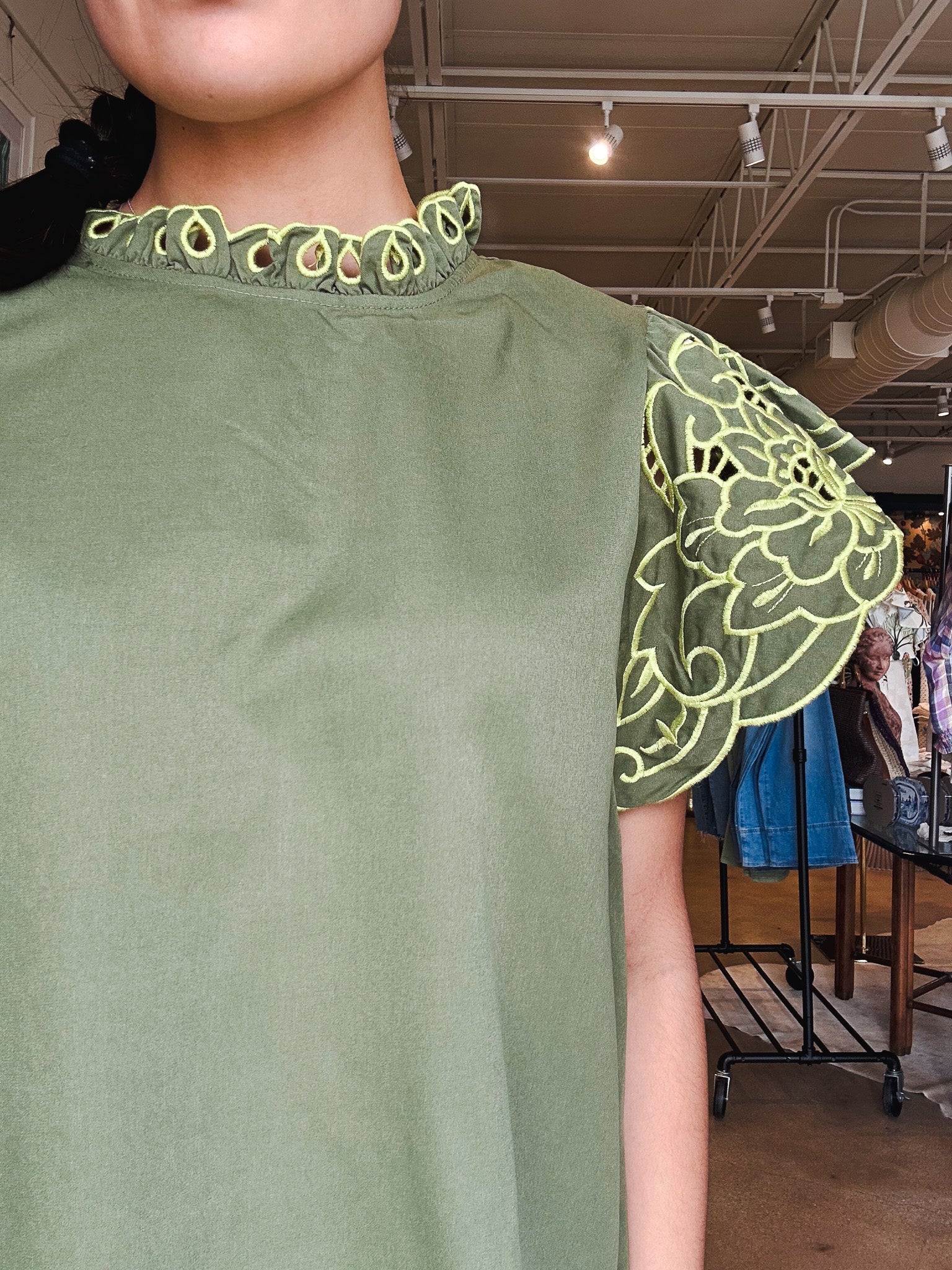 Jasmine Embroidered Floral Sleeve Top - Olive - Elle Maxine