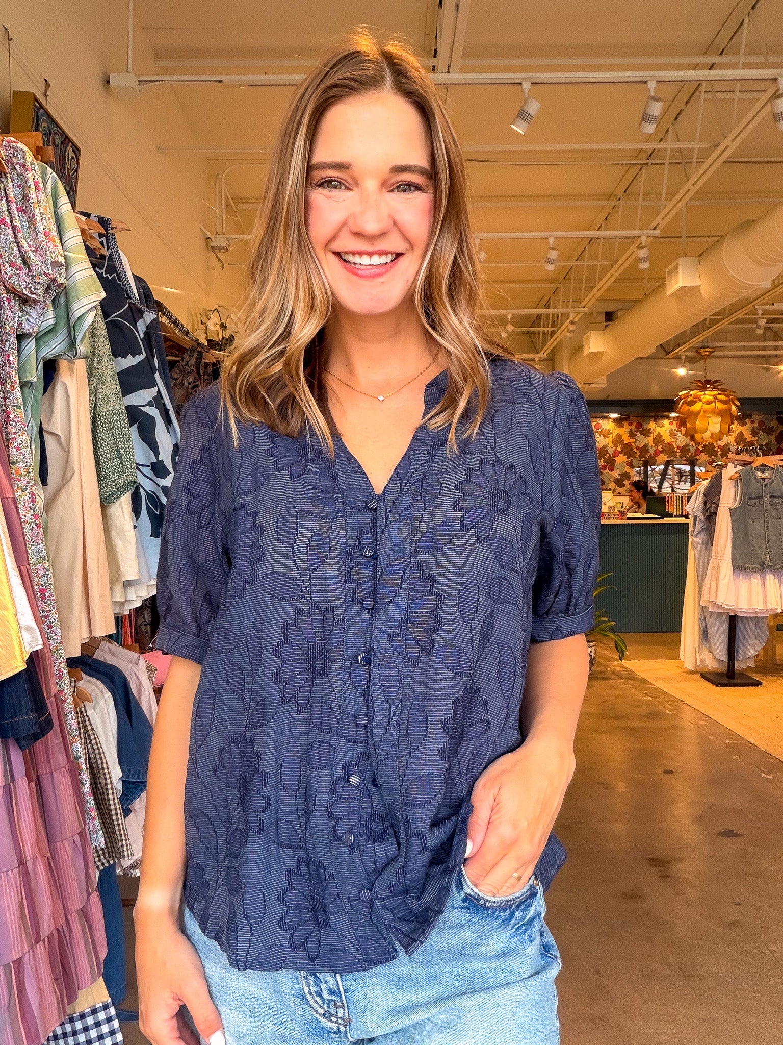 Julia Puff Sleeve Floral Top - Navy - Elle Maxine