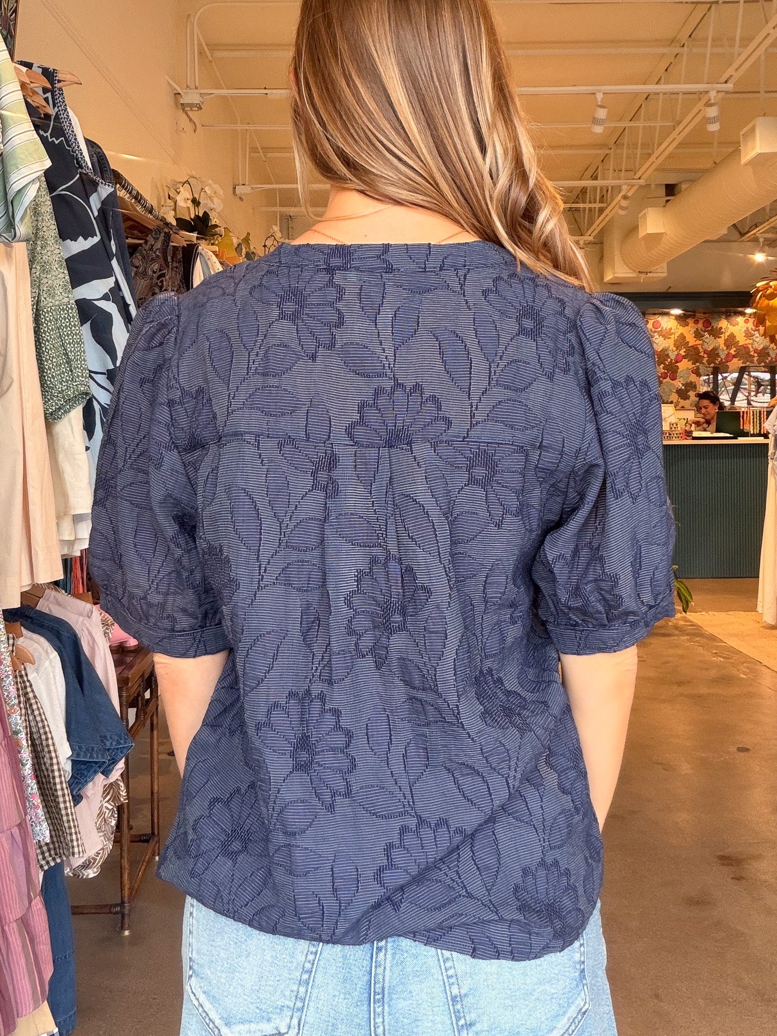 Julia Puff Sleeve Floral Top - Navy - Elle Maxine