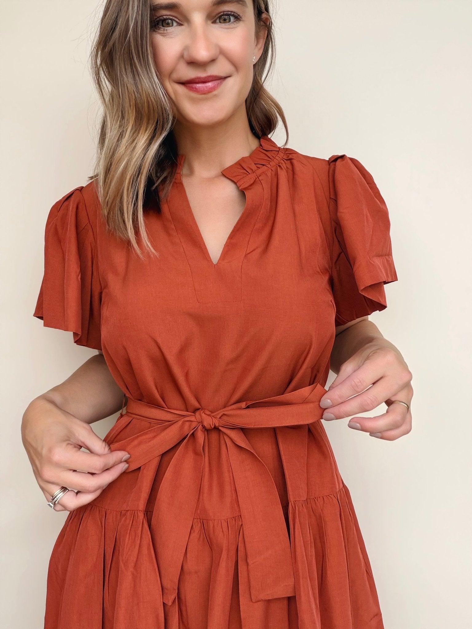 Junie Flutter Sleeve Belted Dress - Elle Maxine