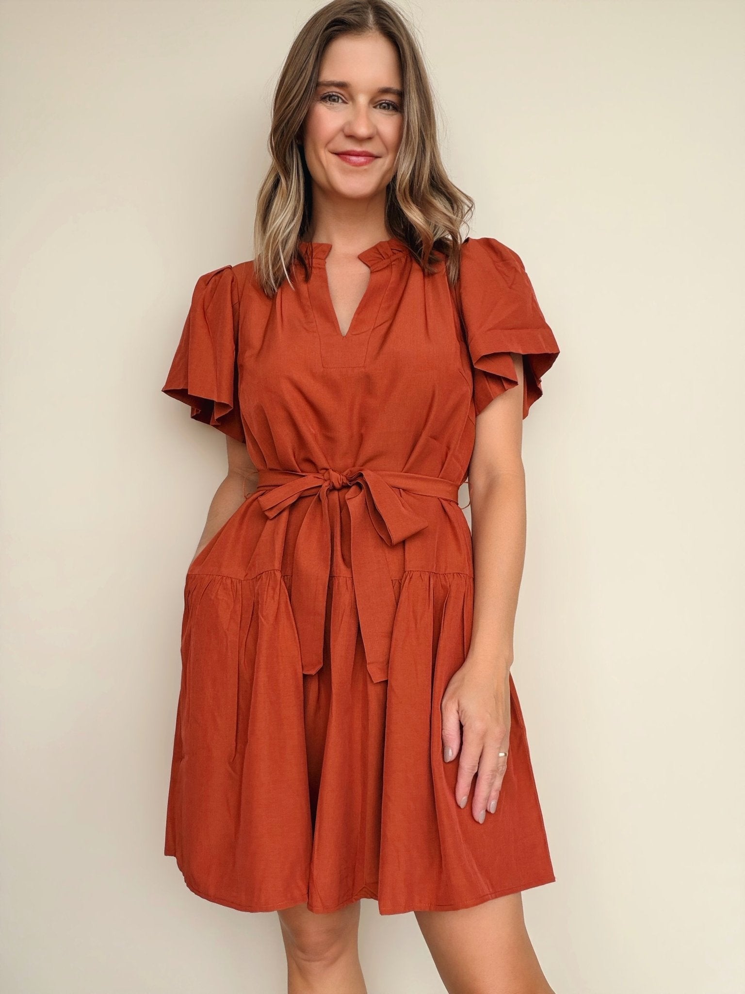 Junie Flutter Sleeve Belted Dress - Elle Maxine