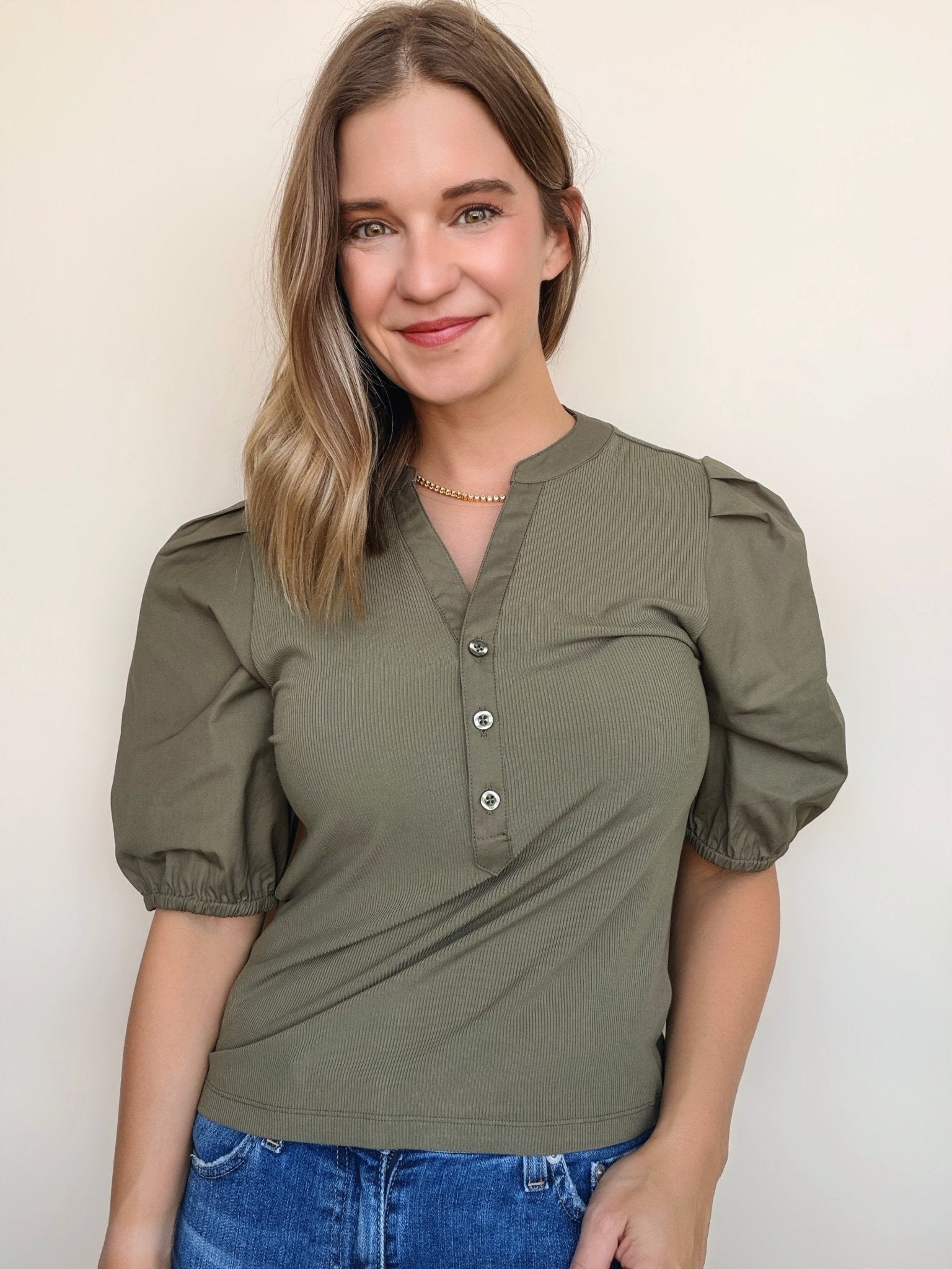 Kansas Poplin Sleeve Henley - Elle Maxine