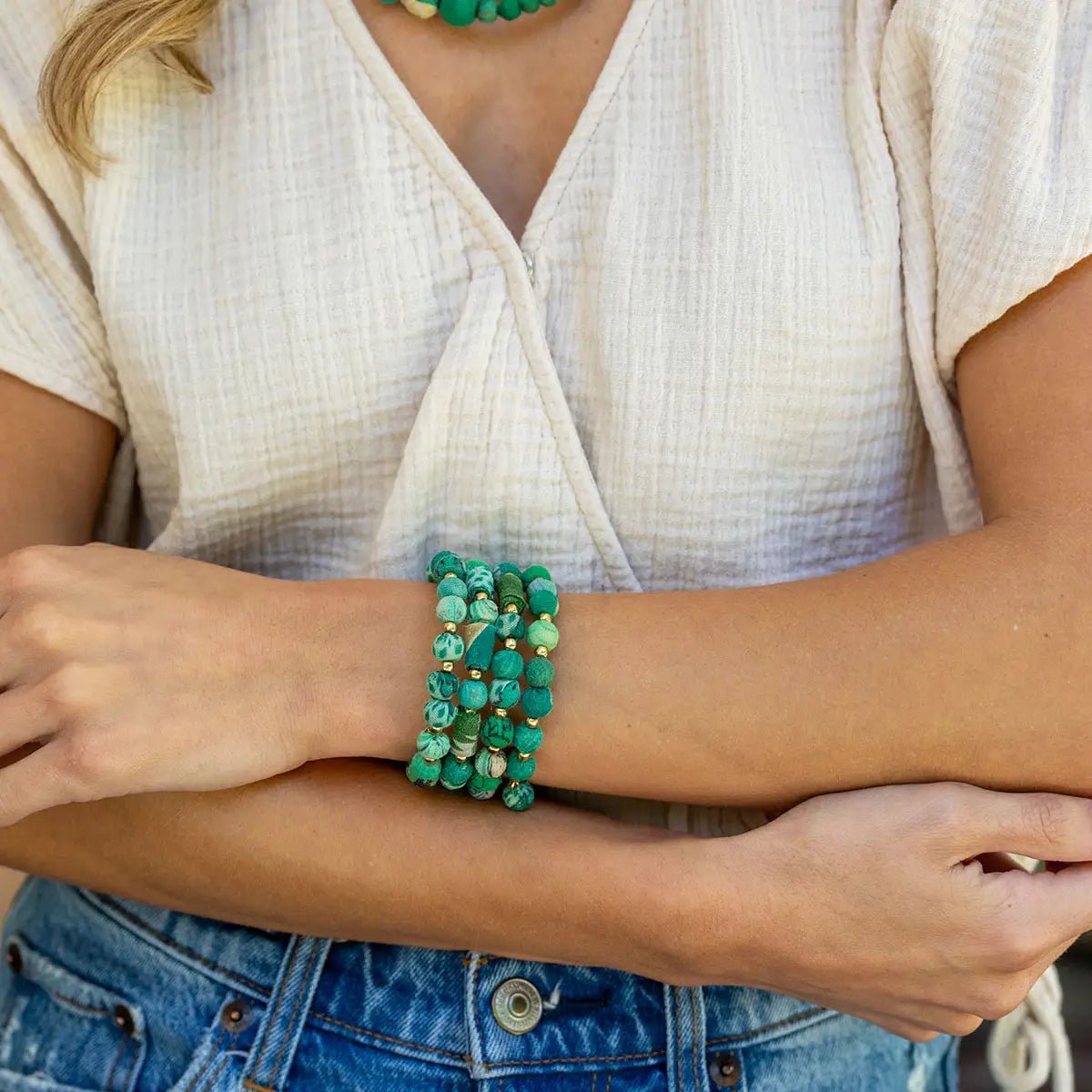 Kantha Beaded Coil Bracelet - Seagrass - Elle Maxine