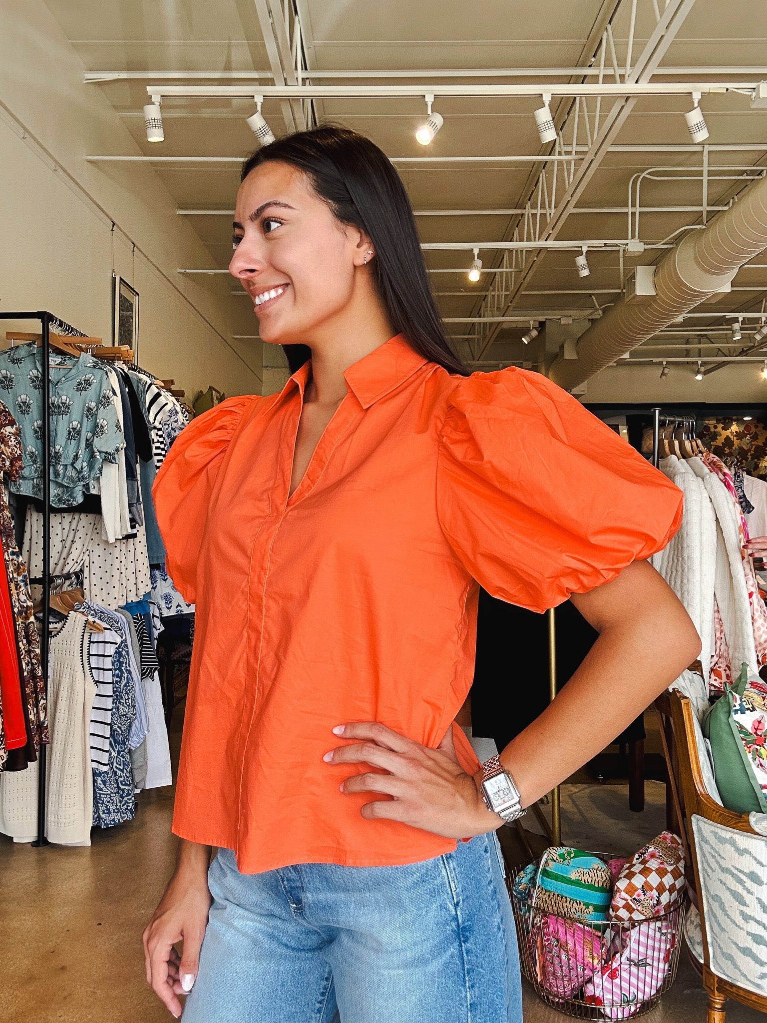 Kelsey Puff Sleeve Top - Orange - Elle Maxine
