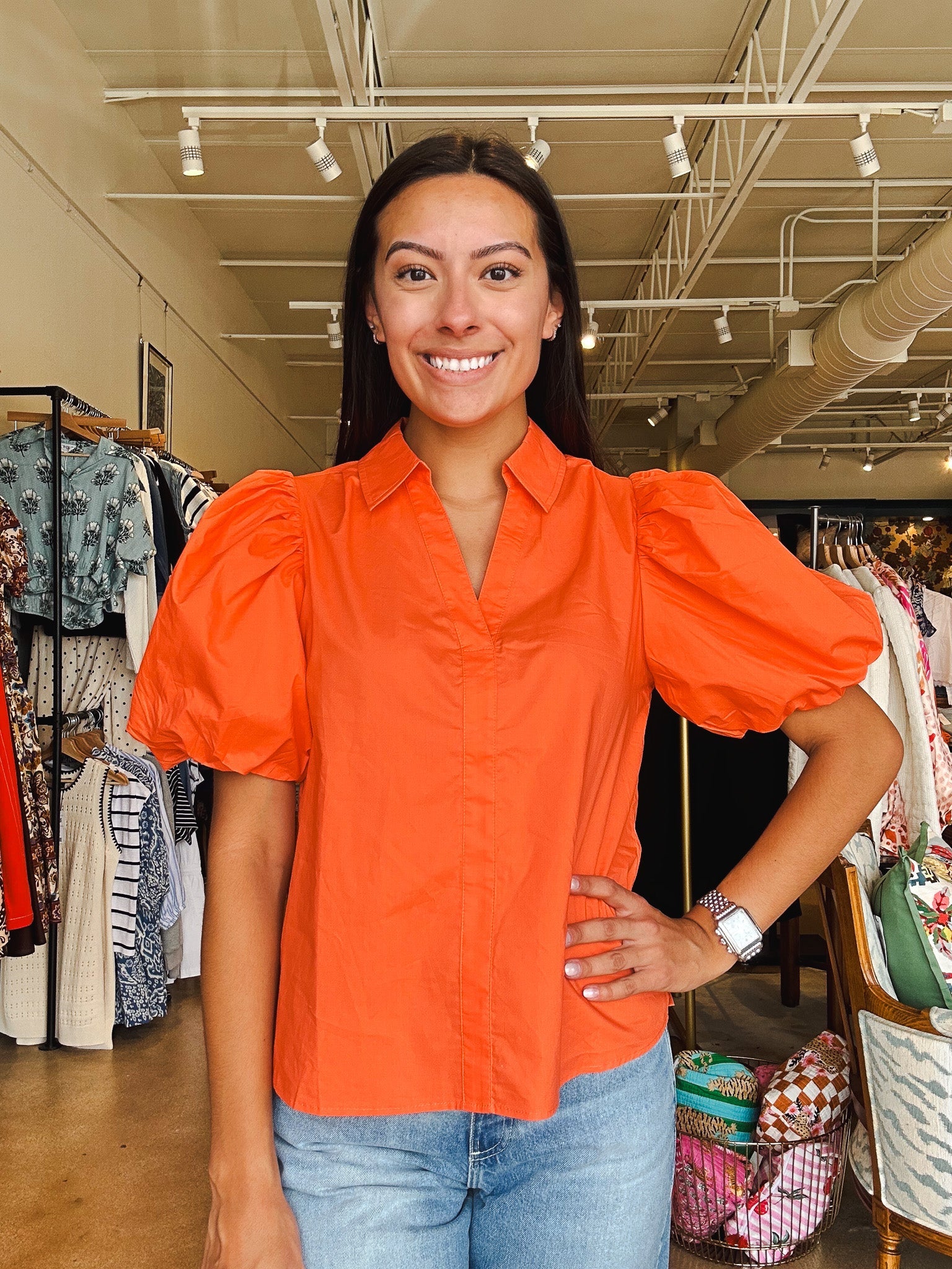 Kelsey Puff Sleeve Top - Orange - Elle Maxine