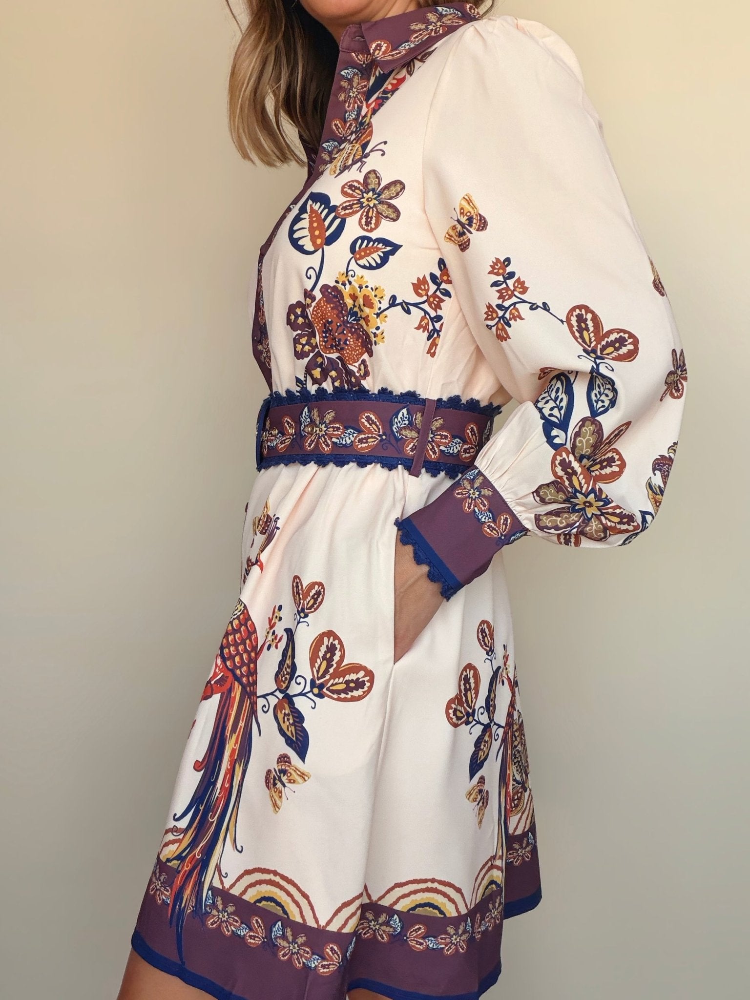Khyrie Peacock Belted Dress - Elle Maxine