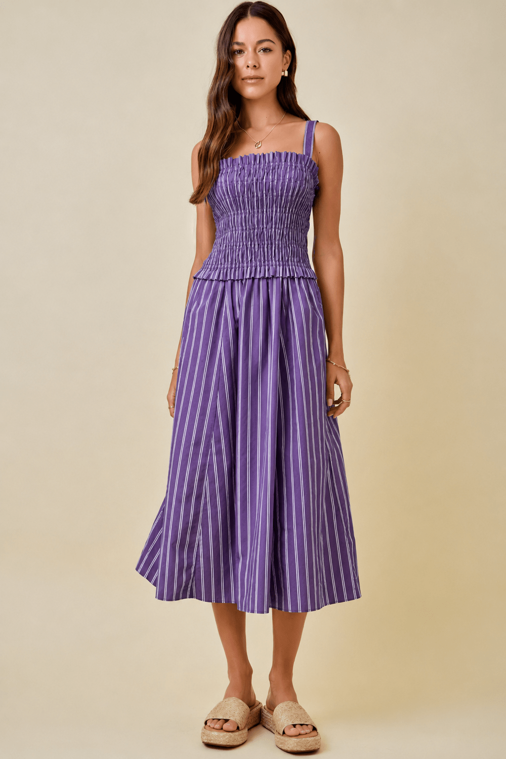 Kimmy Smocked Stripe Midi Dress - Elle Maxine