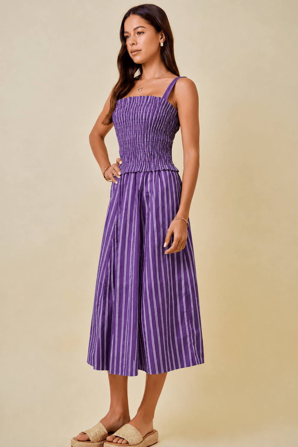 Kimmy Smocked Stripe Midi Dress - Elle Maxine