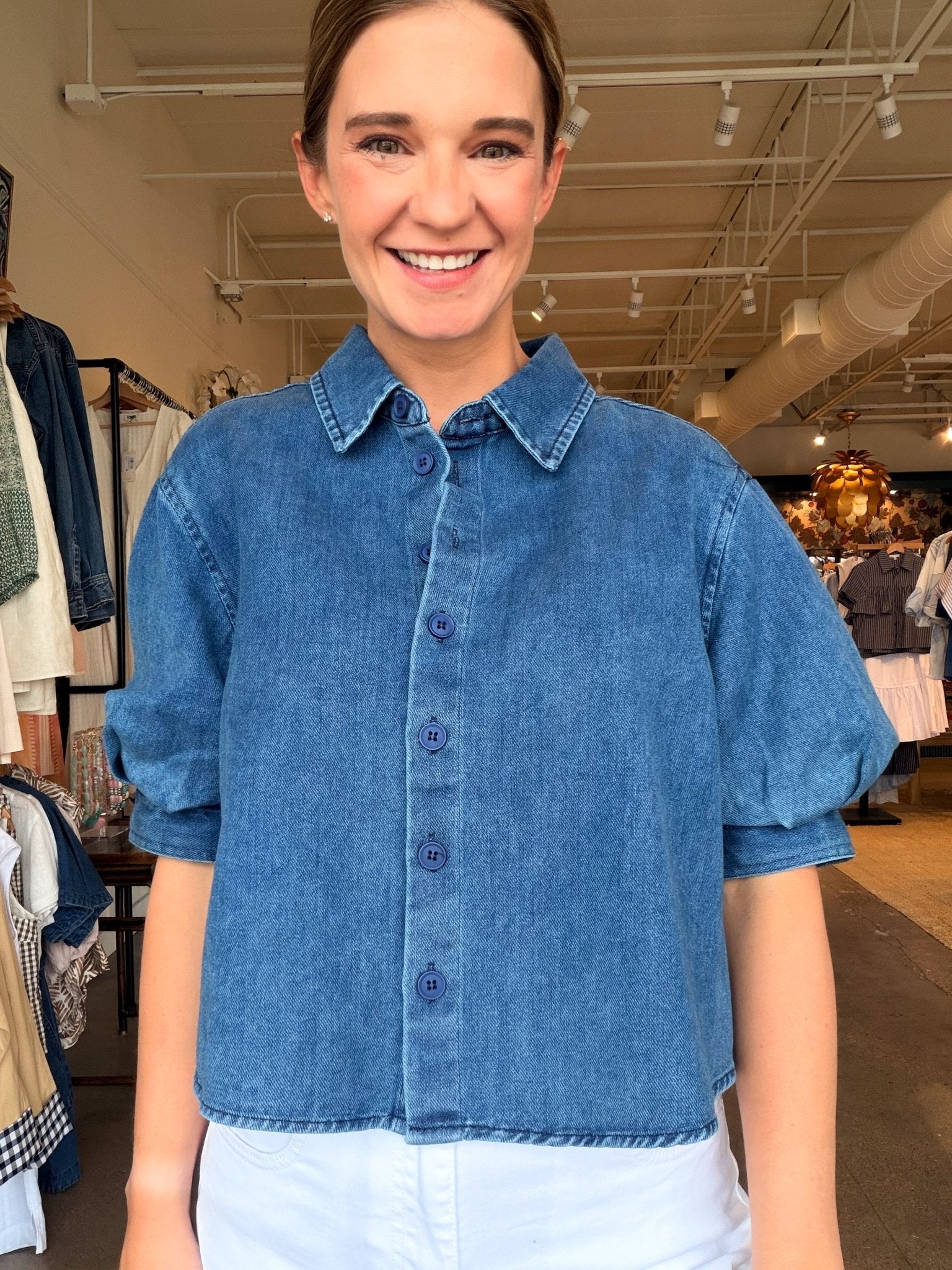 Leanna Puff Sleeve Denim Shirt - Elle Maxine