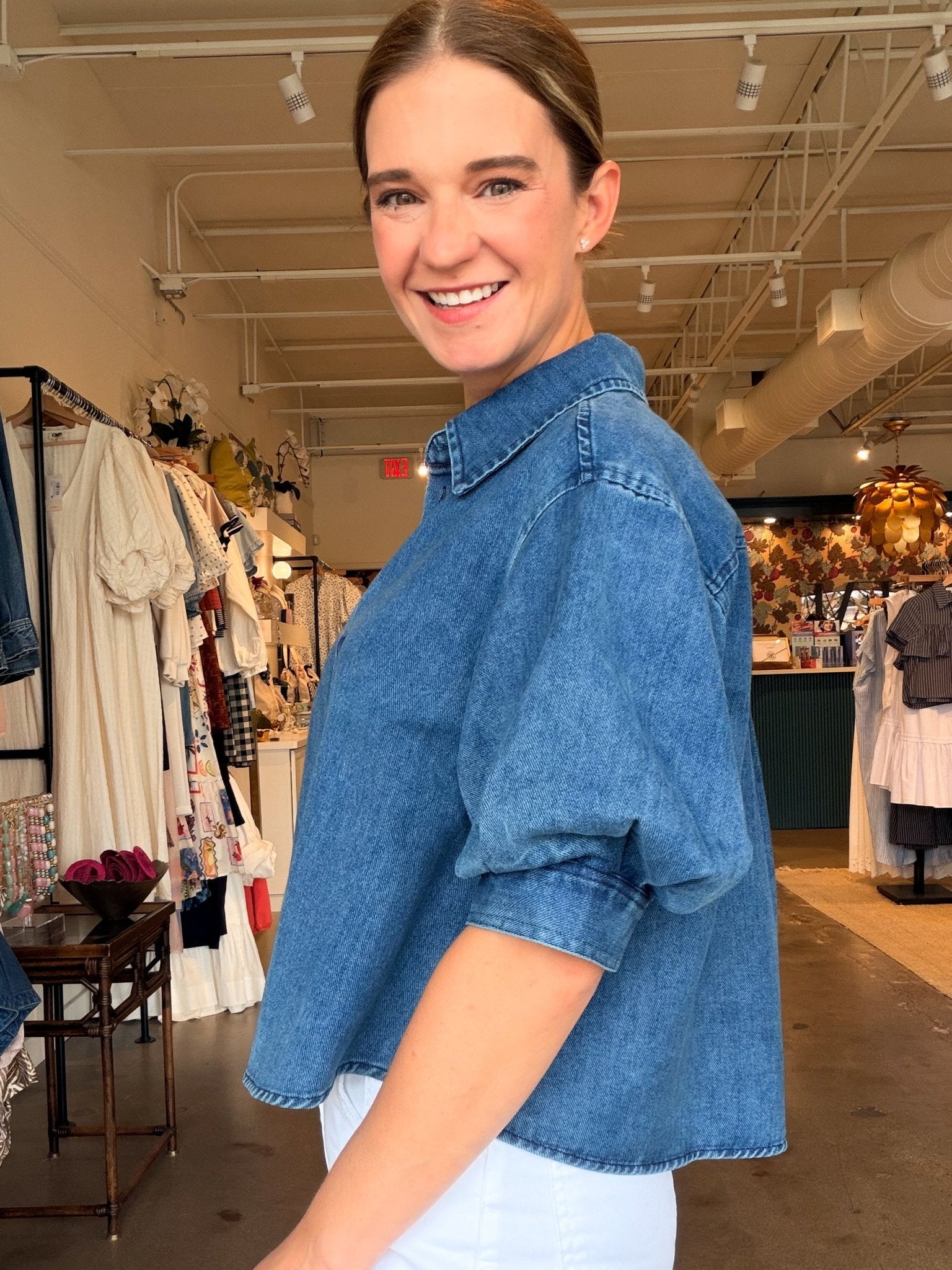 Leanna Puff Sleeve Denim Shirt - Elle Maxine