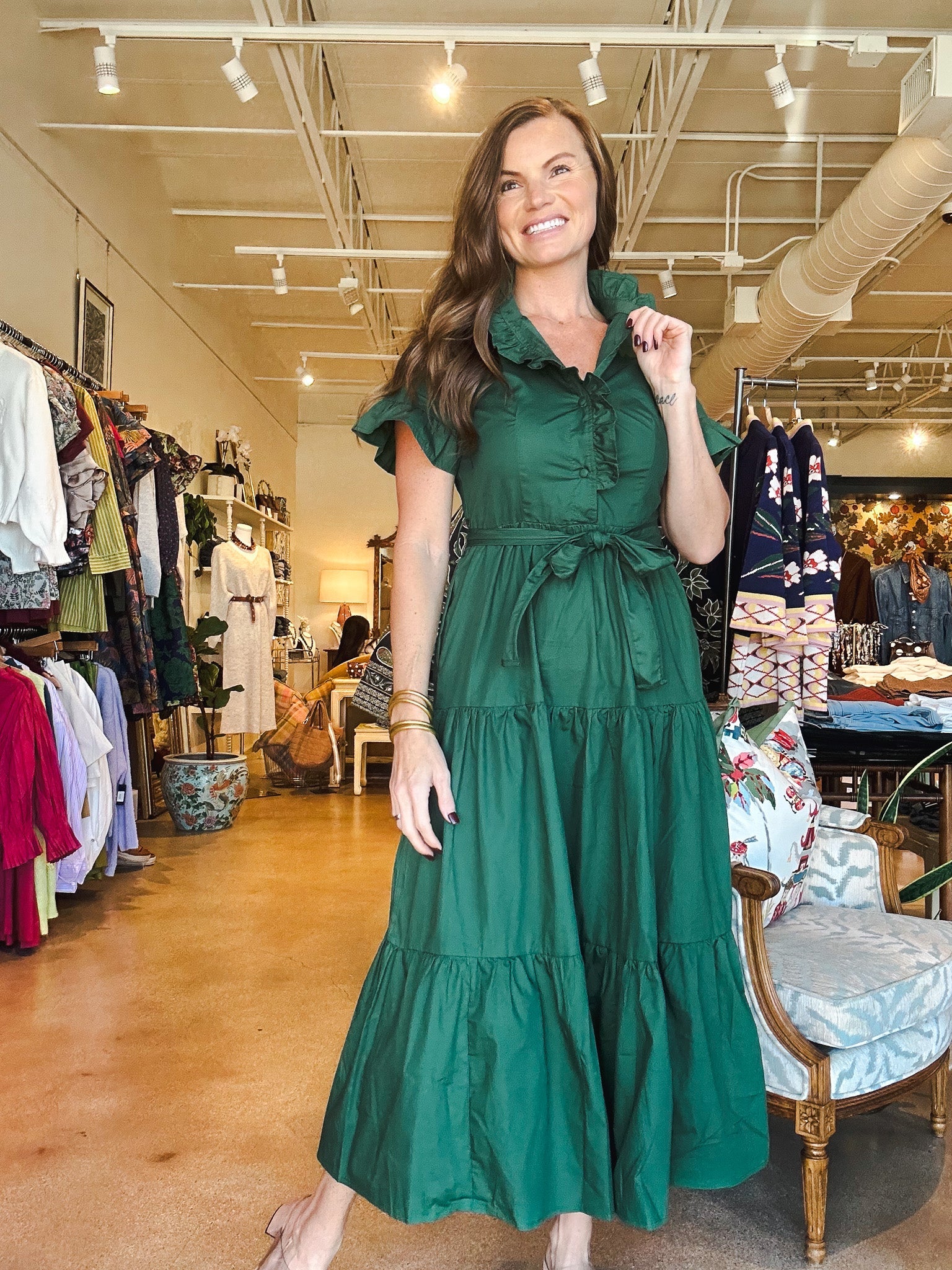Lena Maxi Dress - Green Poplin - Elle Maxine