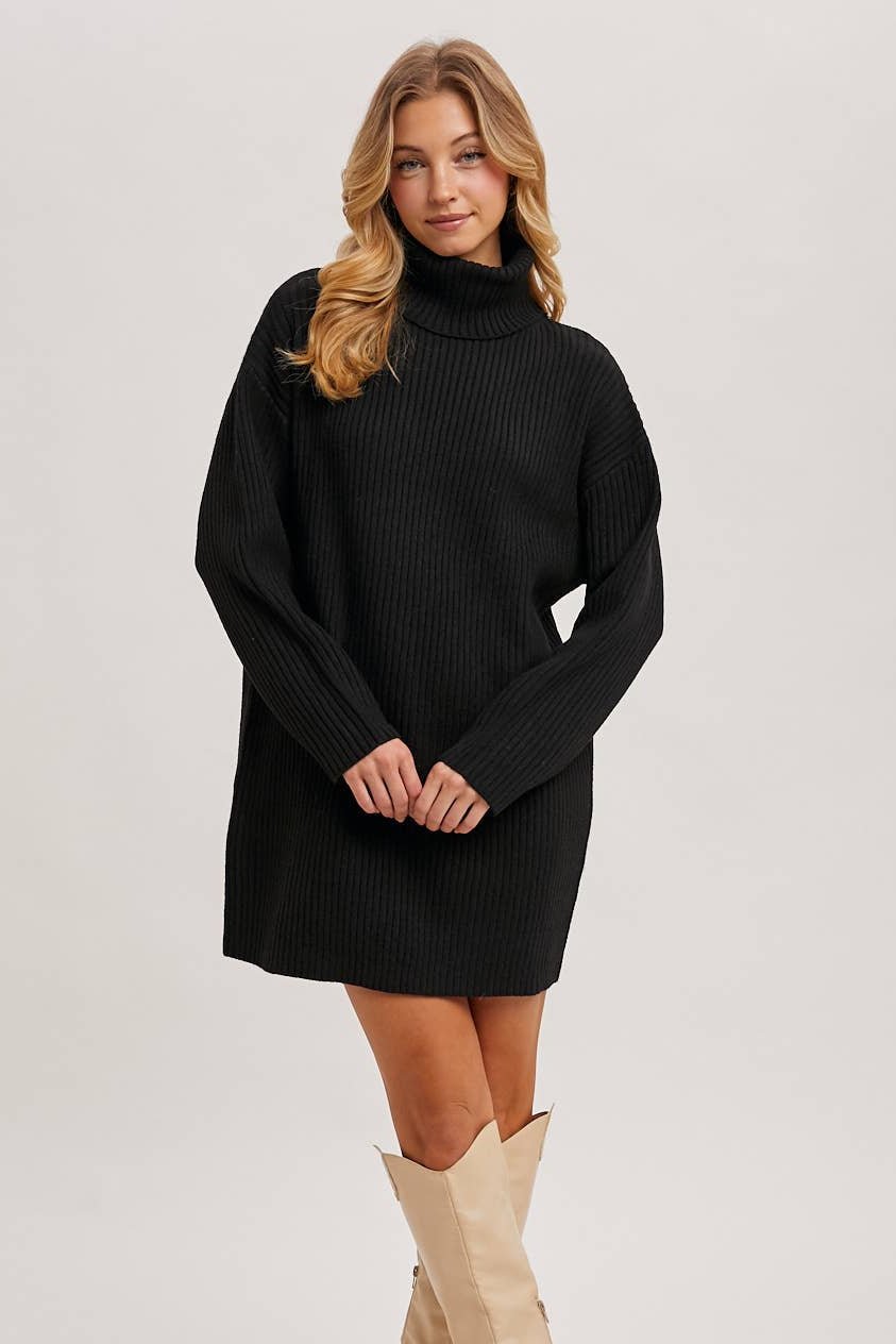 Lena Turtleneck Sweater Dress - Black - Elle Maxine