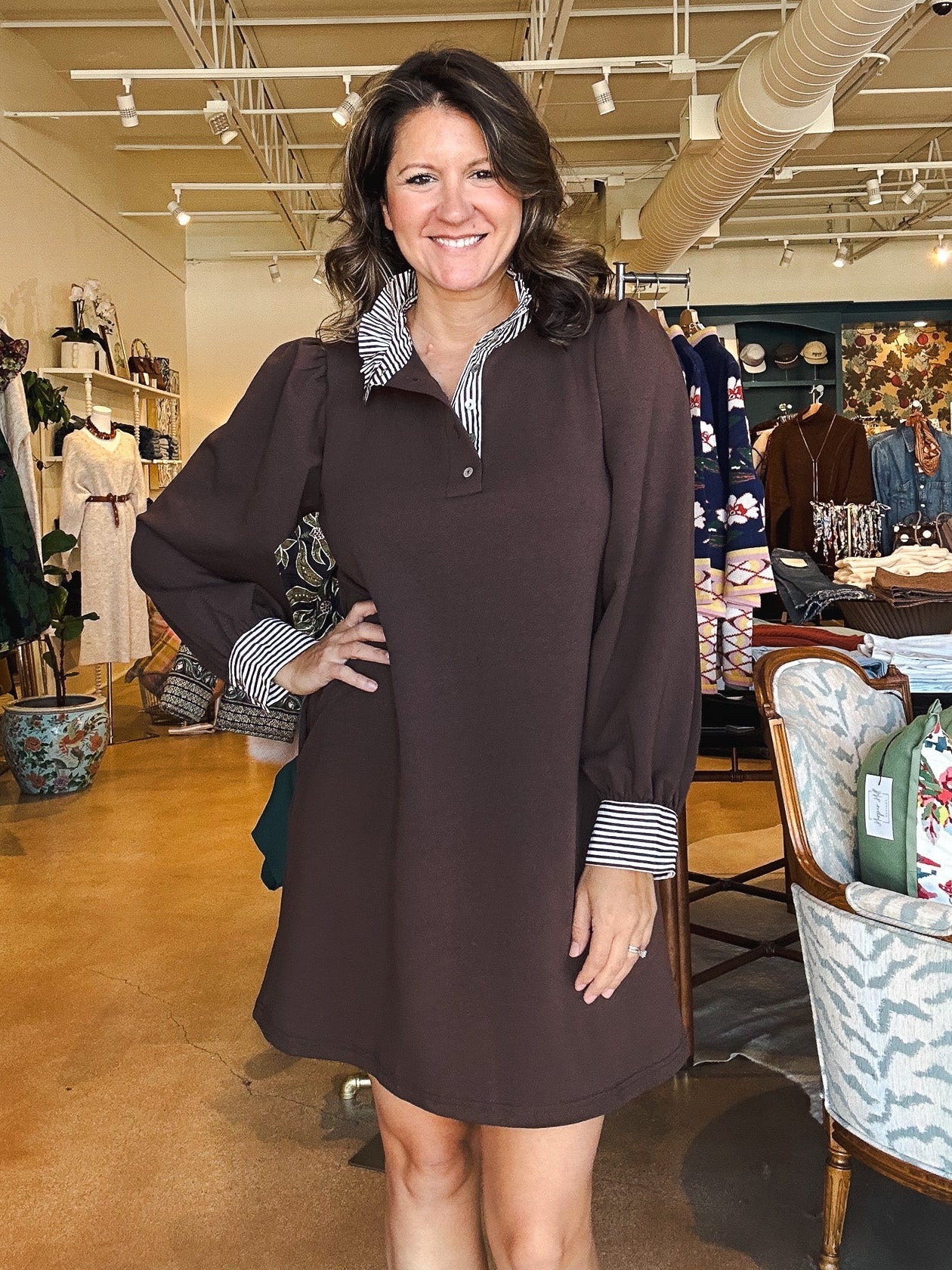 Leslie Stripe Collar Dress - Brown - Elle Maxine