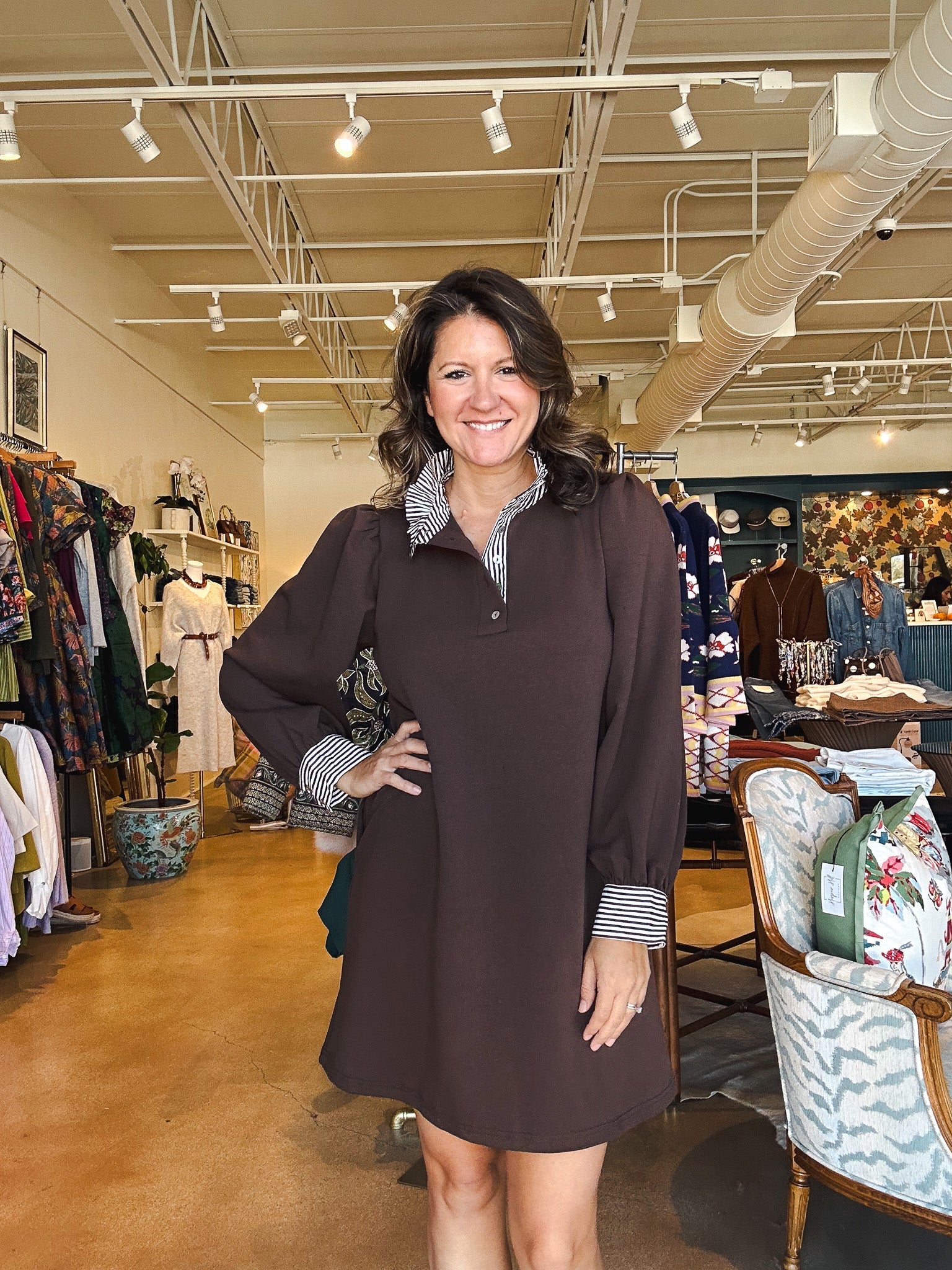 Leslie Stripe Collar Dress - Brown - Elle Maxine