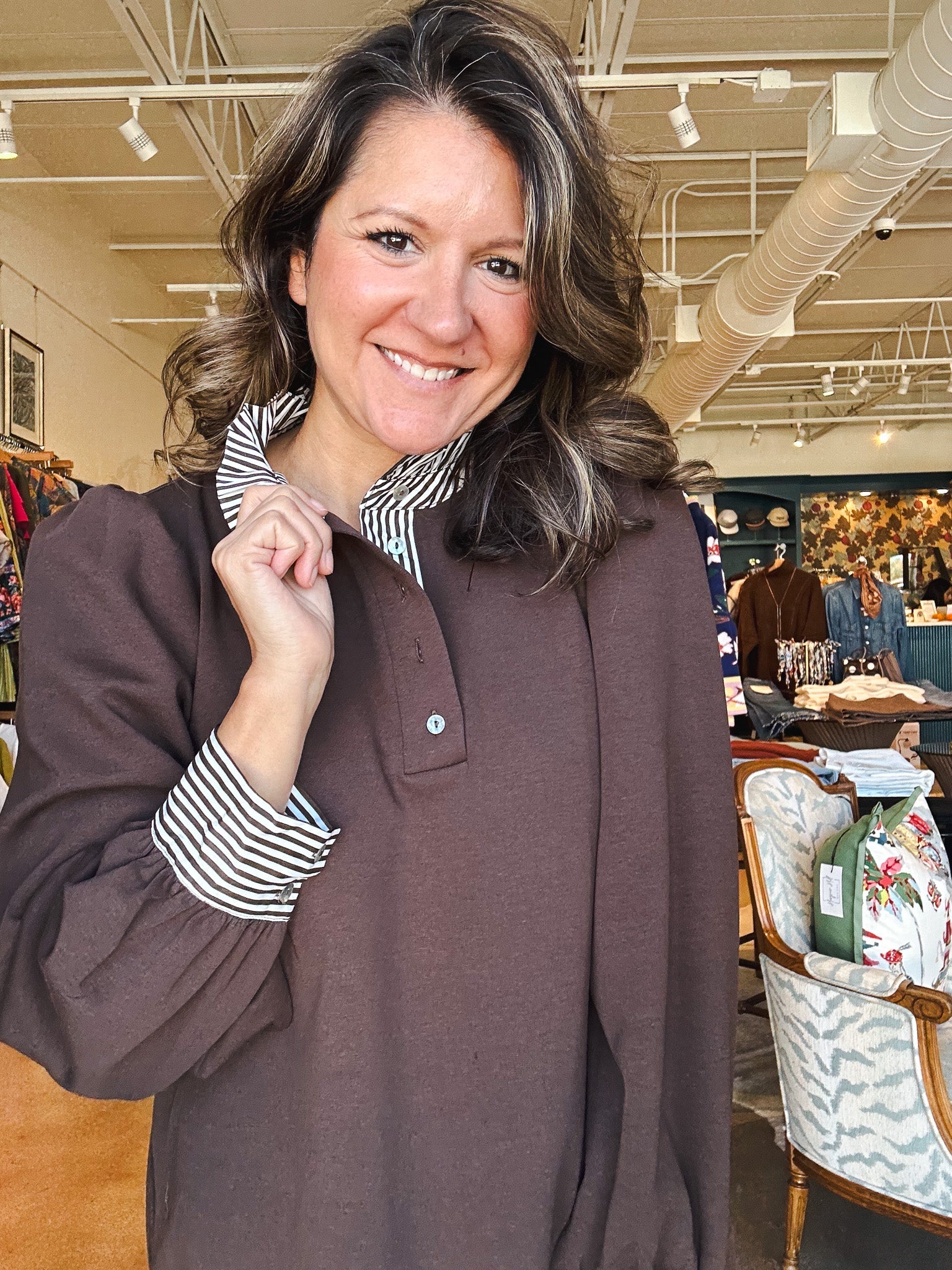 Leslie Stripe Collar Dress - Brown - Elle Maxine