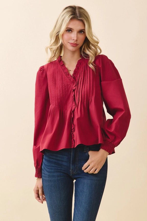 Lila Ruffle Trim Blouse - Crimson - Elle Maxine