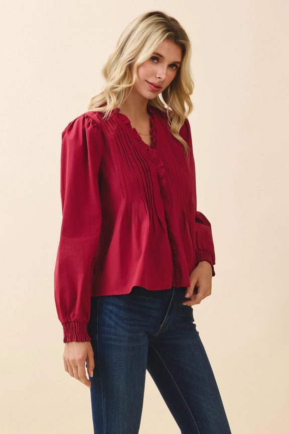 Lila Ruffle Trim Blouse - Crimson - Elle Maxine