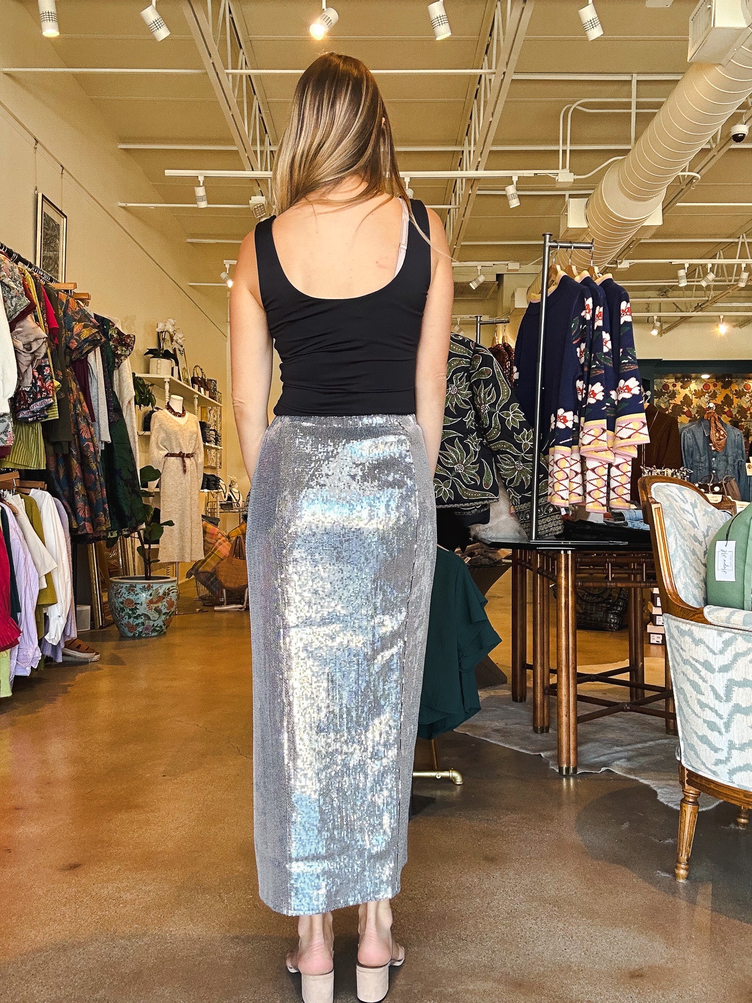 Louise Sequin Midi Skirt - Silver - Elle Maxine