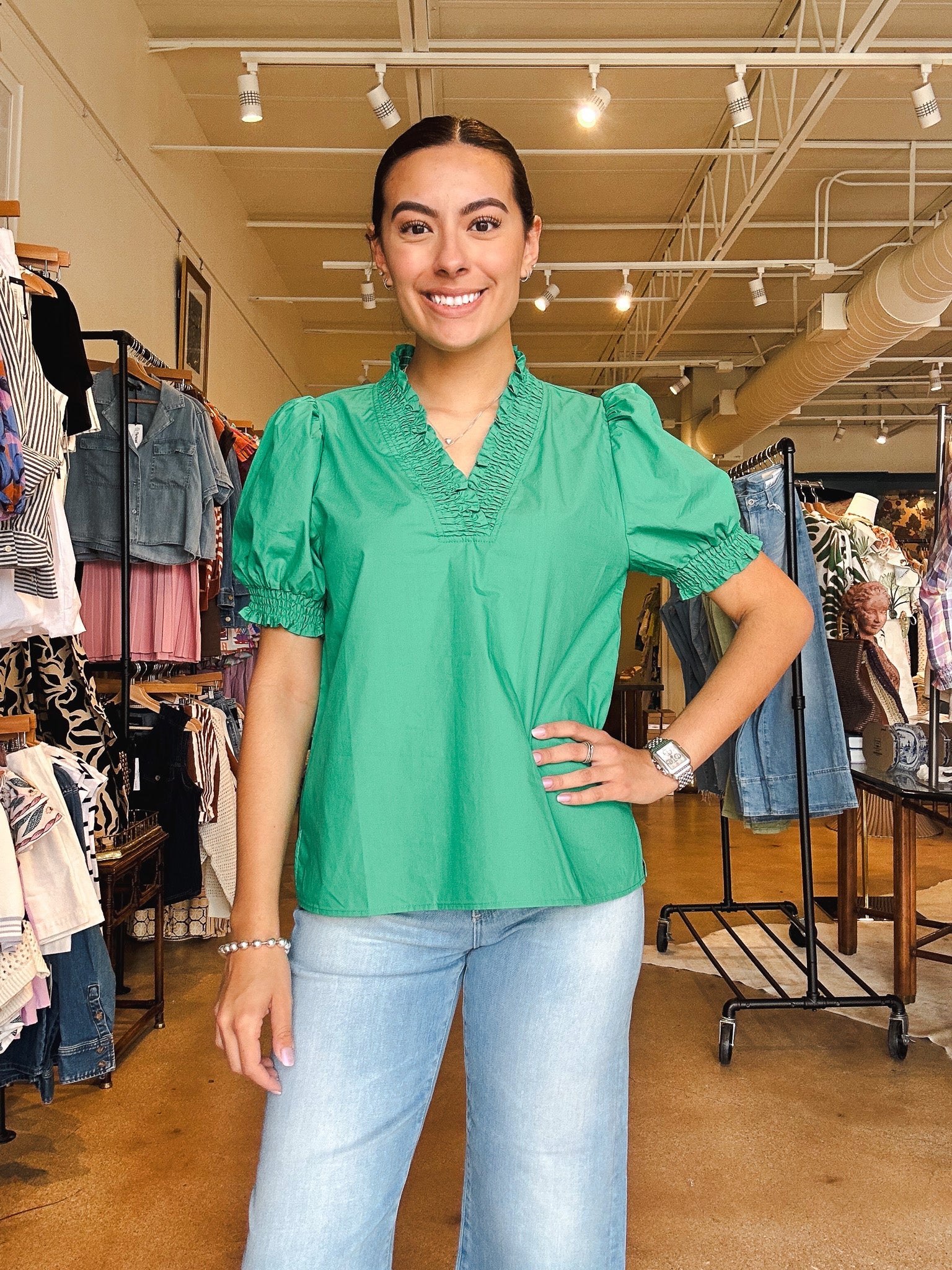 Lucie Puff Sleeve Smocked Top - Green - Elle Maxine