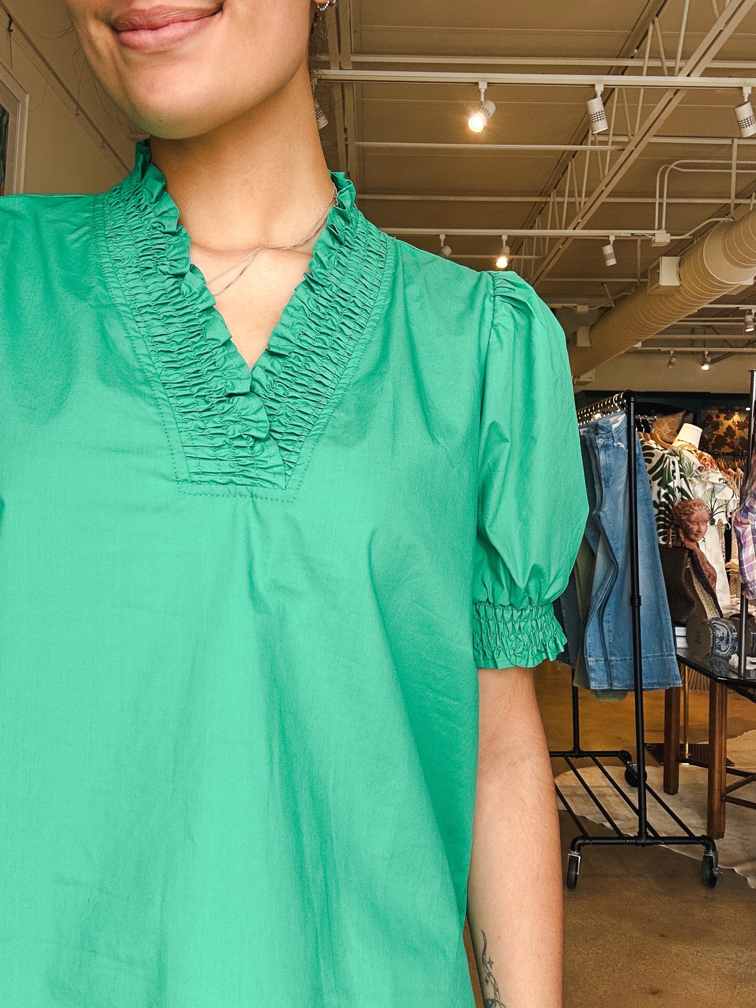 Lucie Puff Sleeve Smocked Top - Green - Elle Maxine