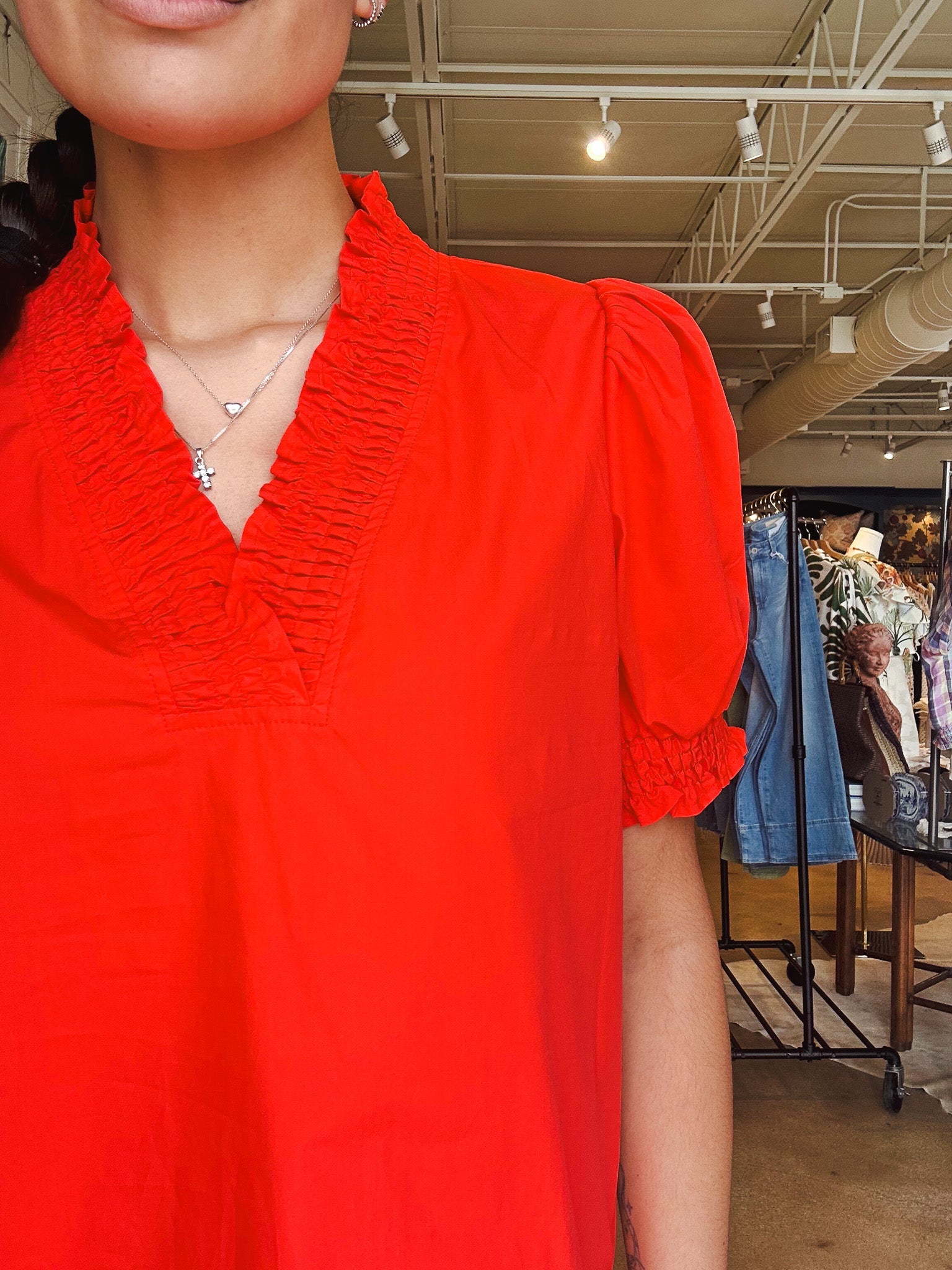 Lucie Puff Sleeve Smocked Top - Red - Elle Maxine