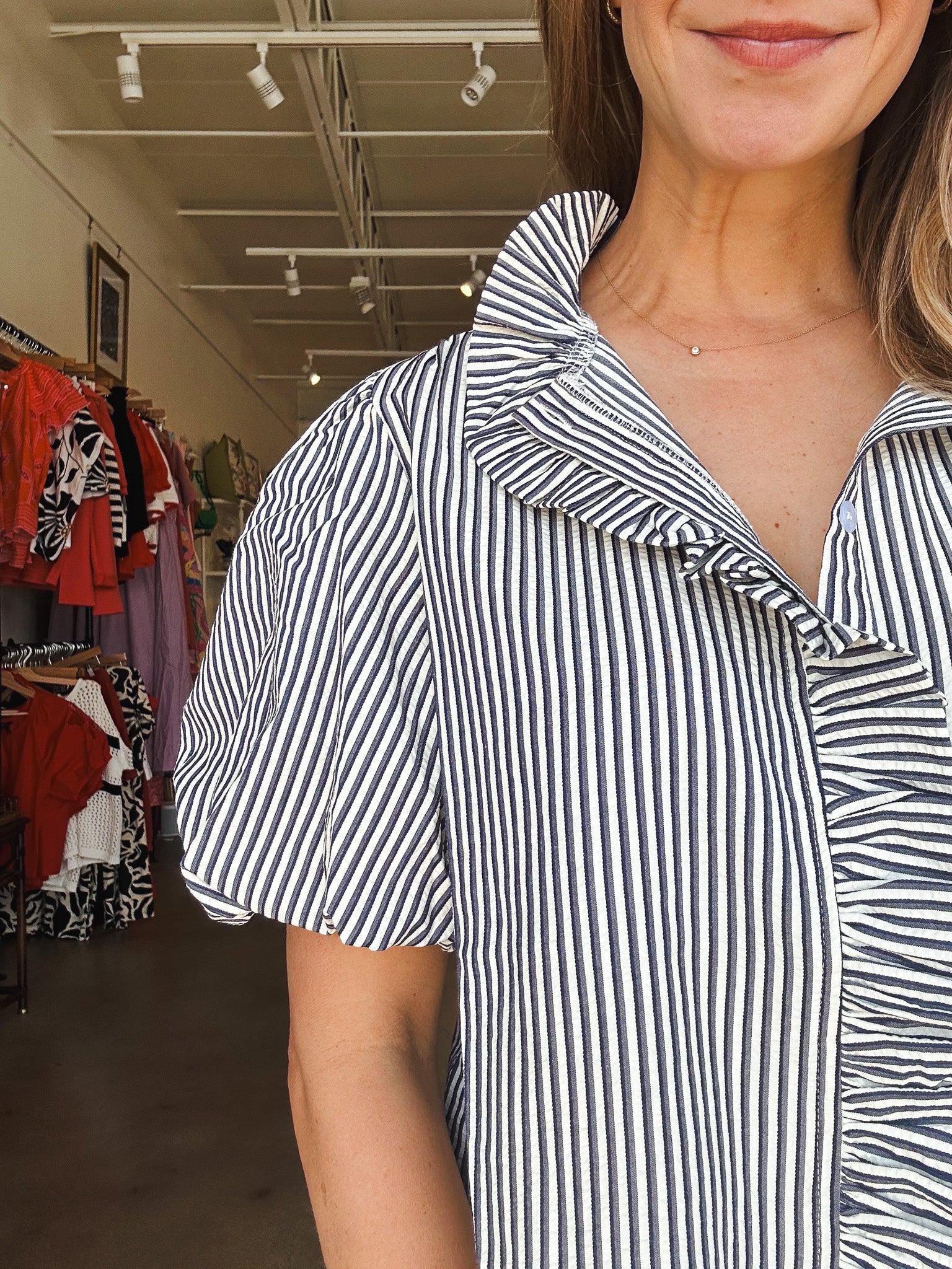Malone Stripe Ruffle Button Down - Navy - Elle Maxine