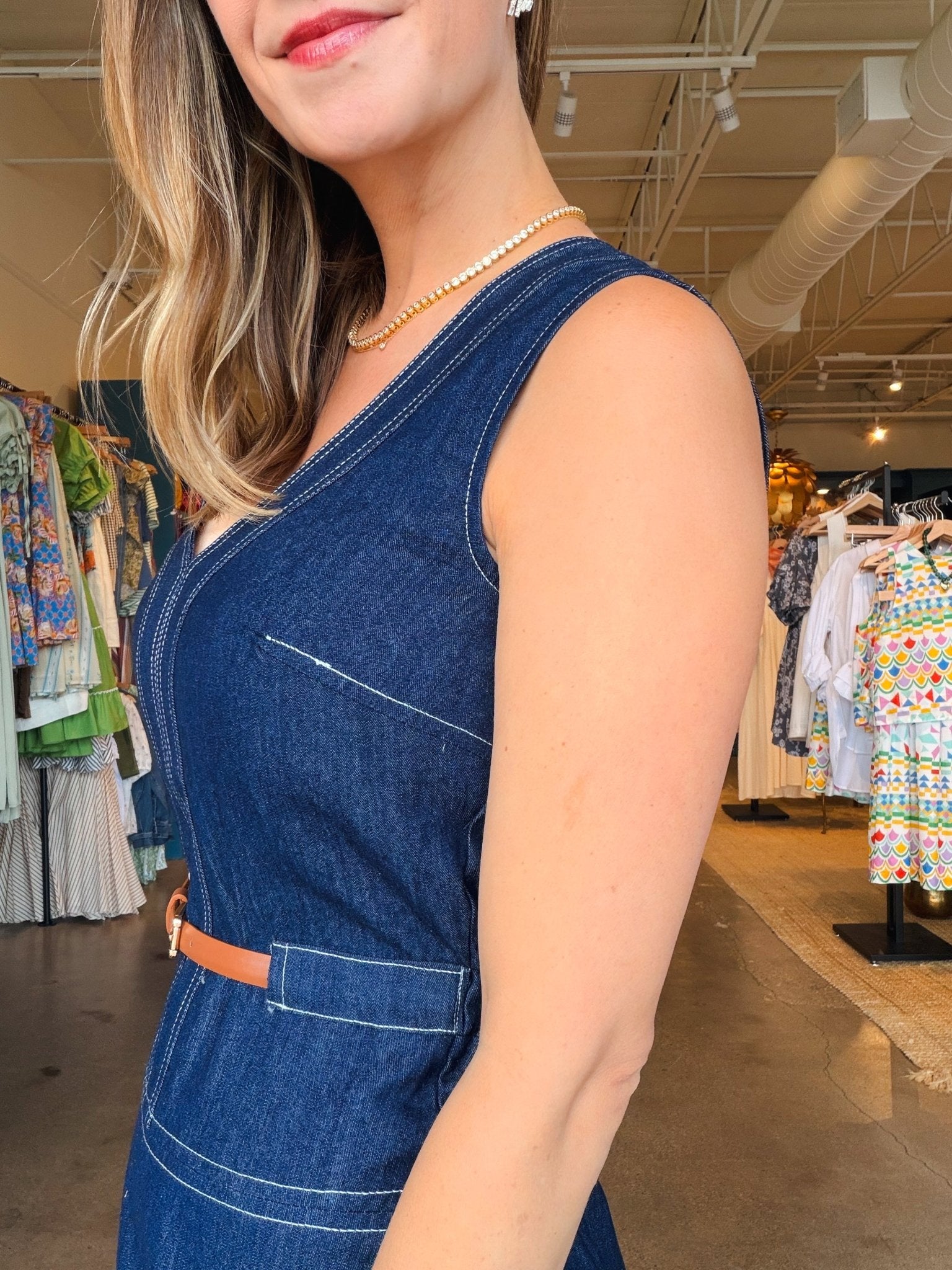 Margot Belted Denim Midi Dress - Elle Maxine