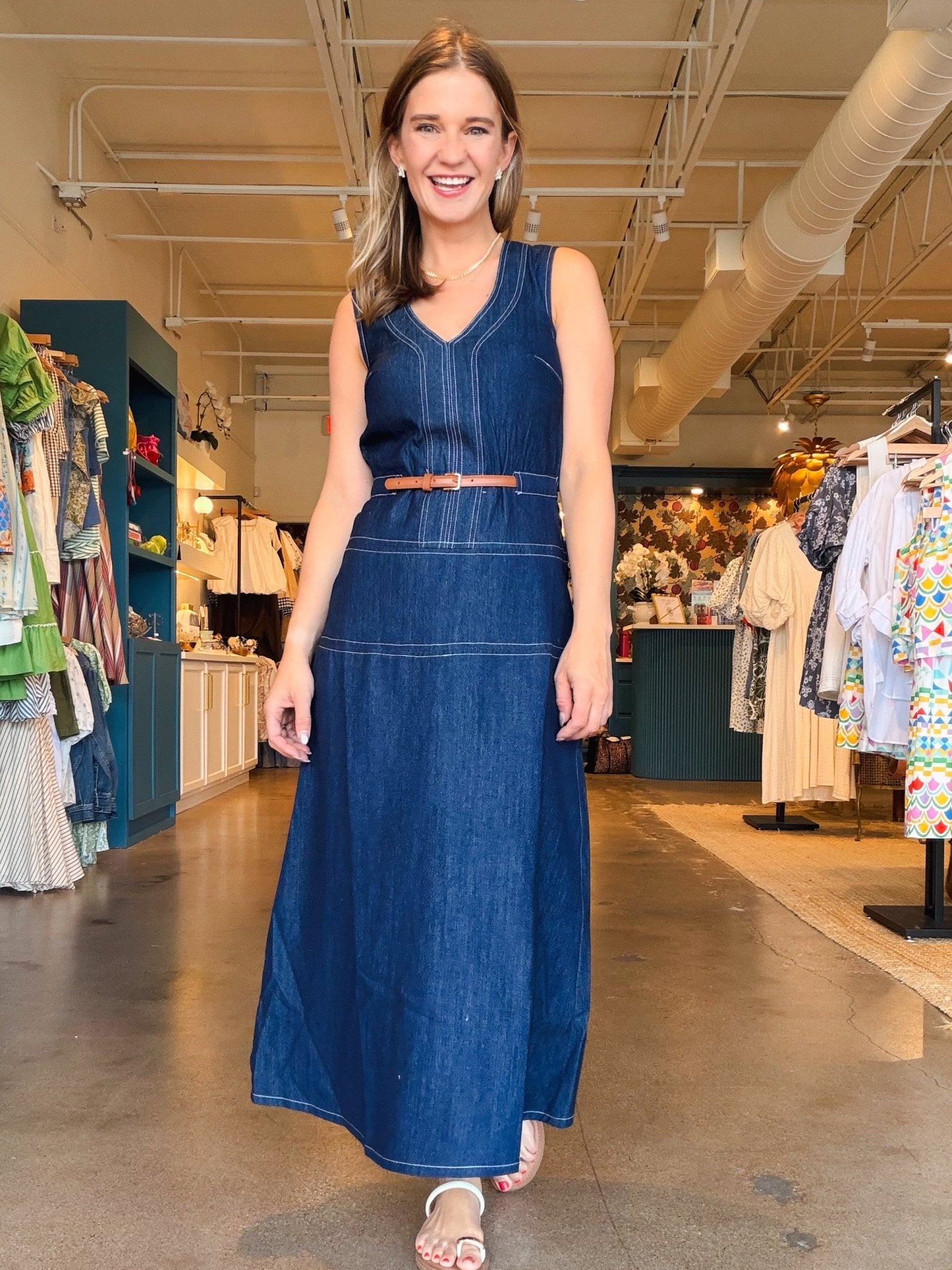 Margot Belted Denim Midi Dress - Elle Maxine