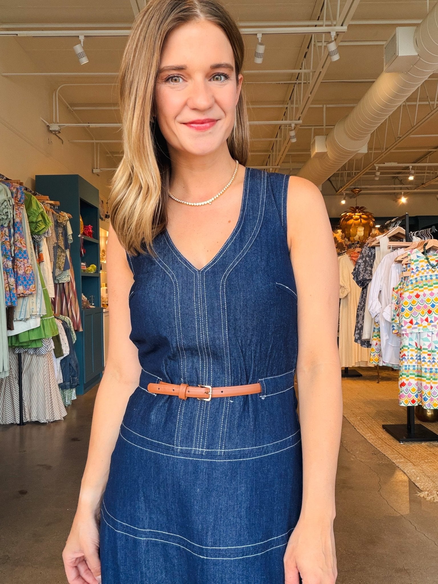 Margot Belted Denim Midi Dress - Elle Maxine