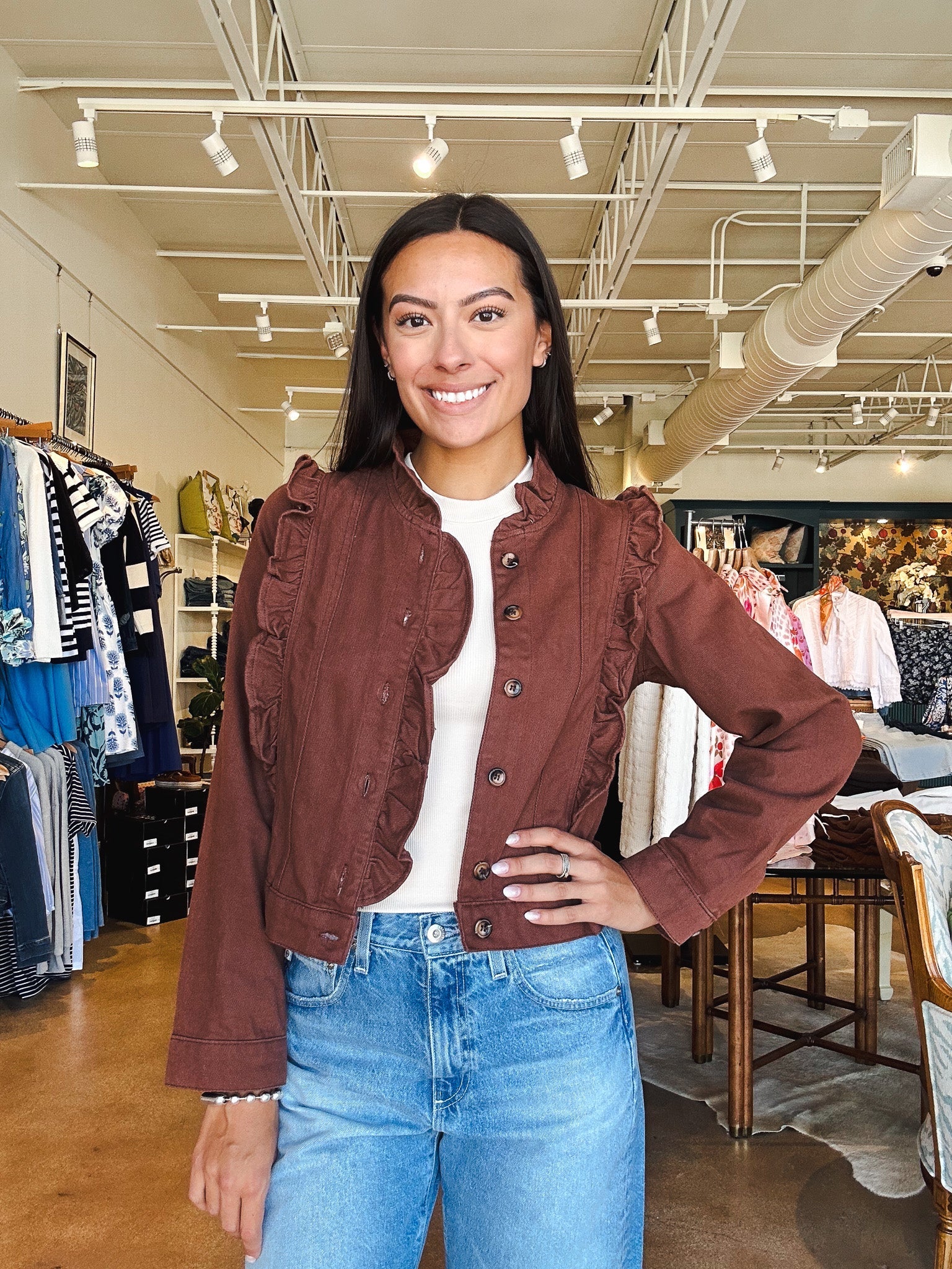 Mari Ruffle Denim Jacket - Brown - Elle Maxine