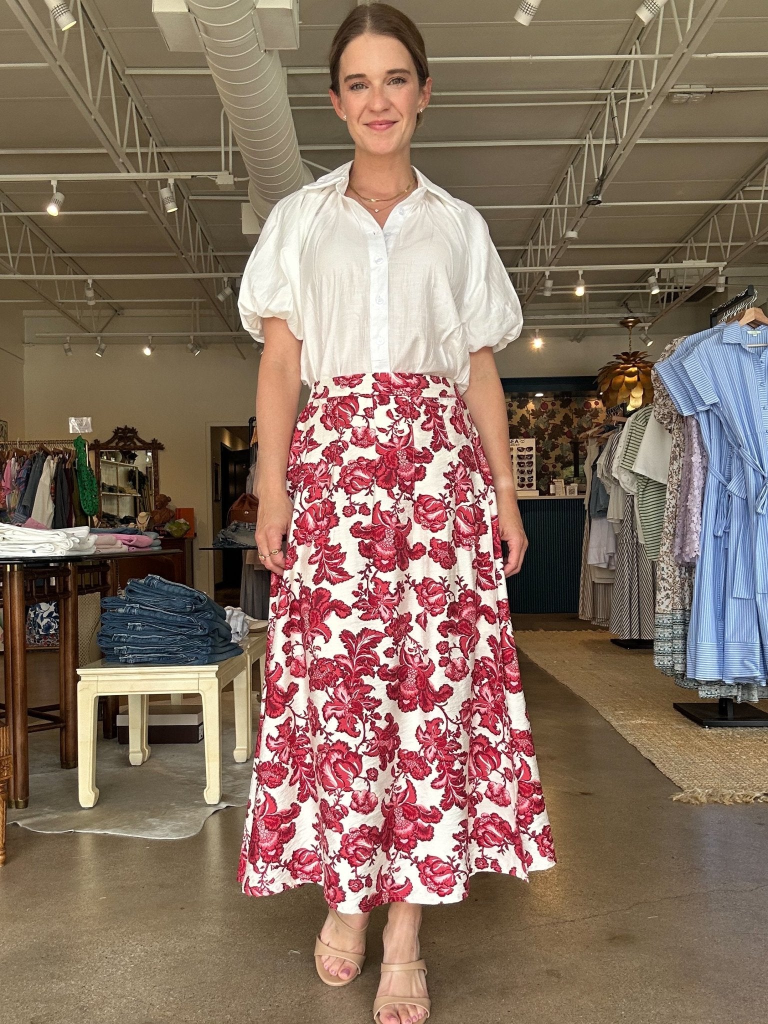Mavis Midi Skirt - Red Floral - Elle Maxine