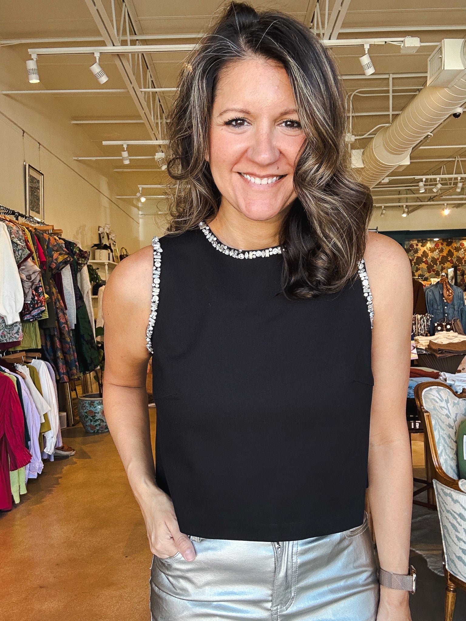 Meghan Crystal Trim Top - Black - Elle Maxine