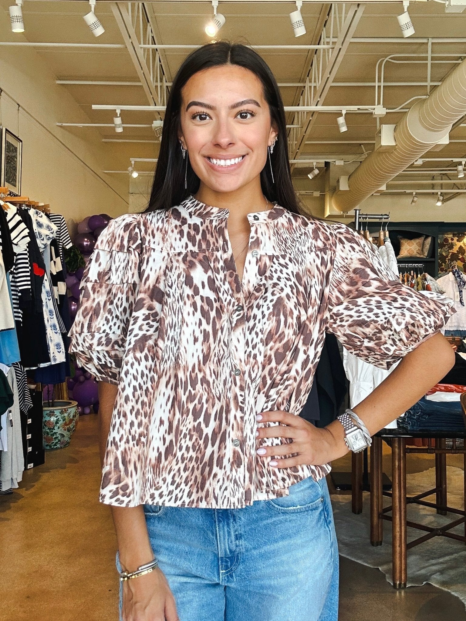 Melisa Leopard Puff Sleeve Top - Elle Maxine