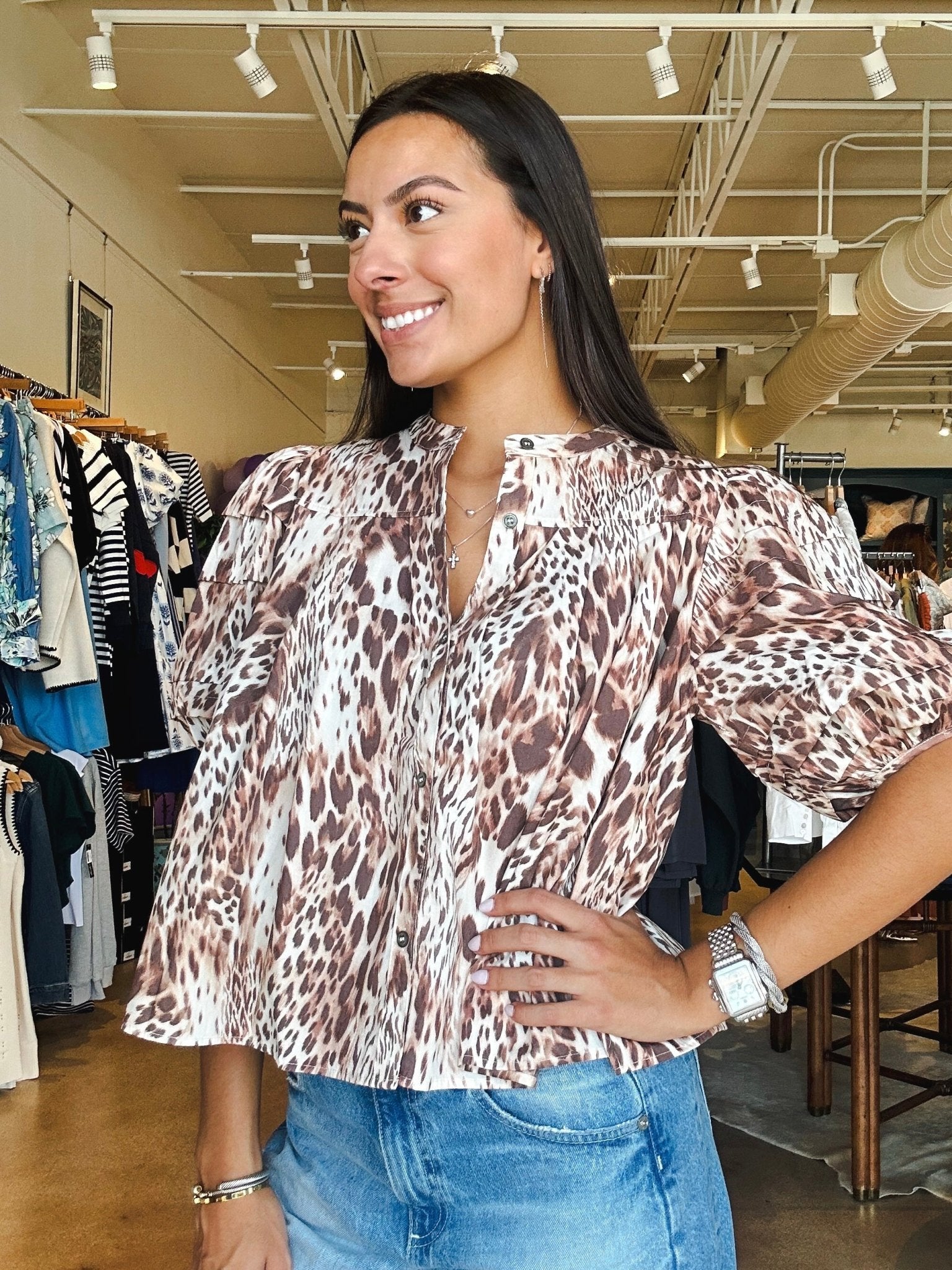 Melisa Leopard Puff Sleeve Top - Elle Maxine
