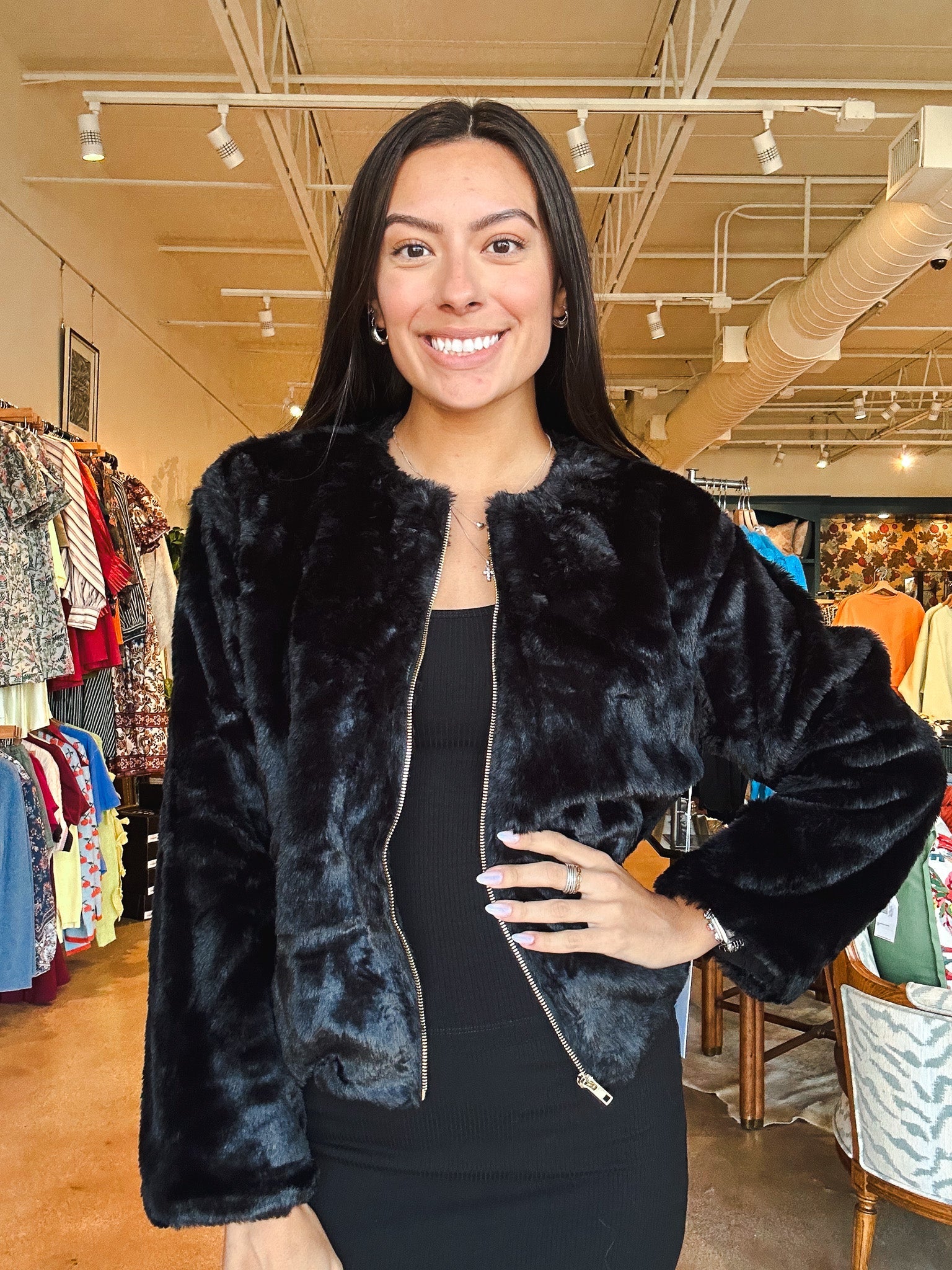 Mica Faux Fur Jacket - Black - Elle Maxine