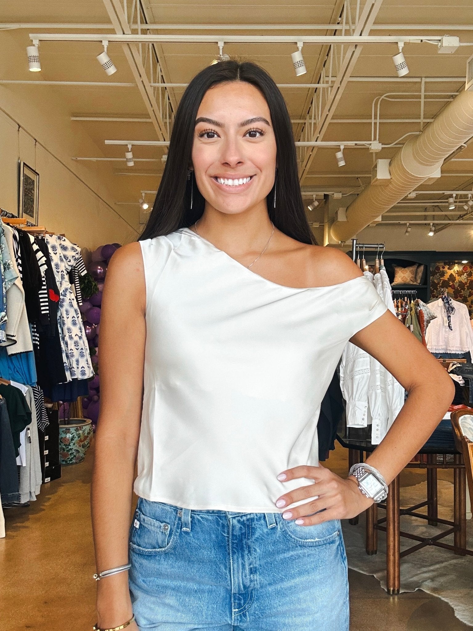 Miranda Asymmetrical Satin Top - Ecru - Elle Maxine