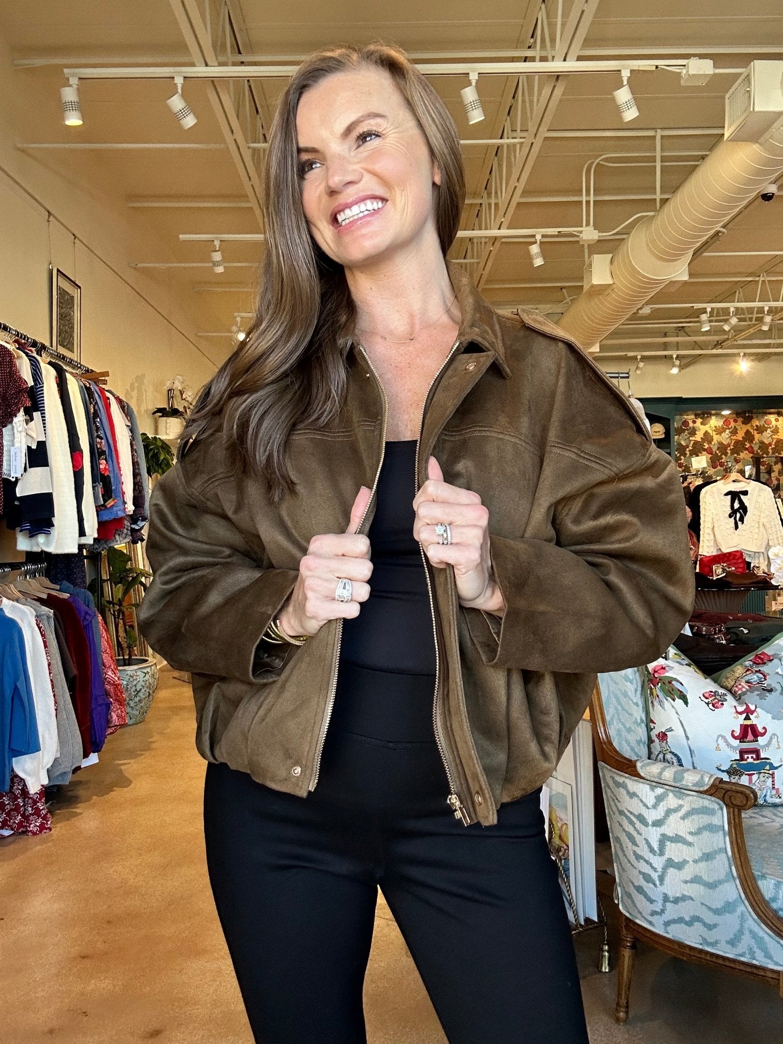 Mocha Suede Bomber Jacket - Elle Maxine