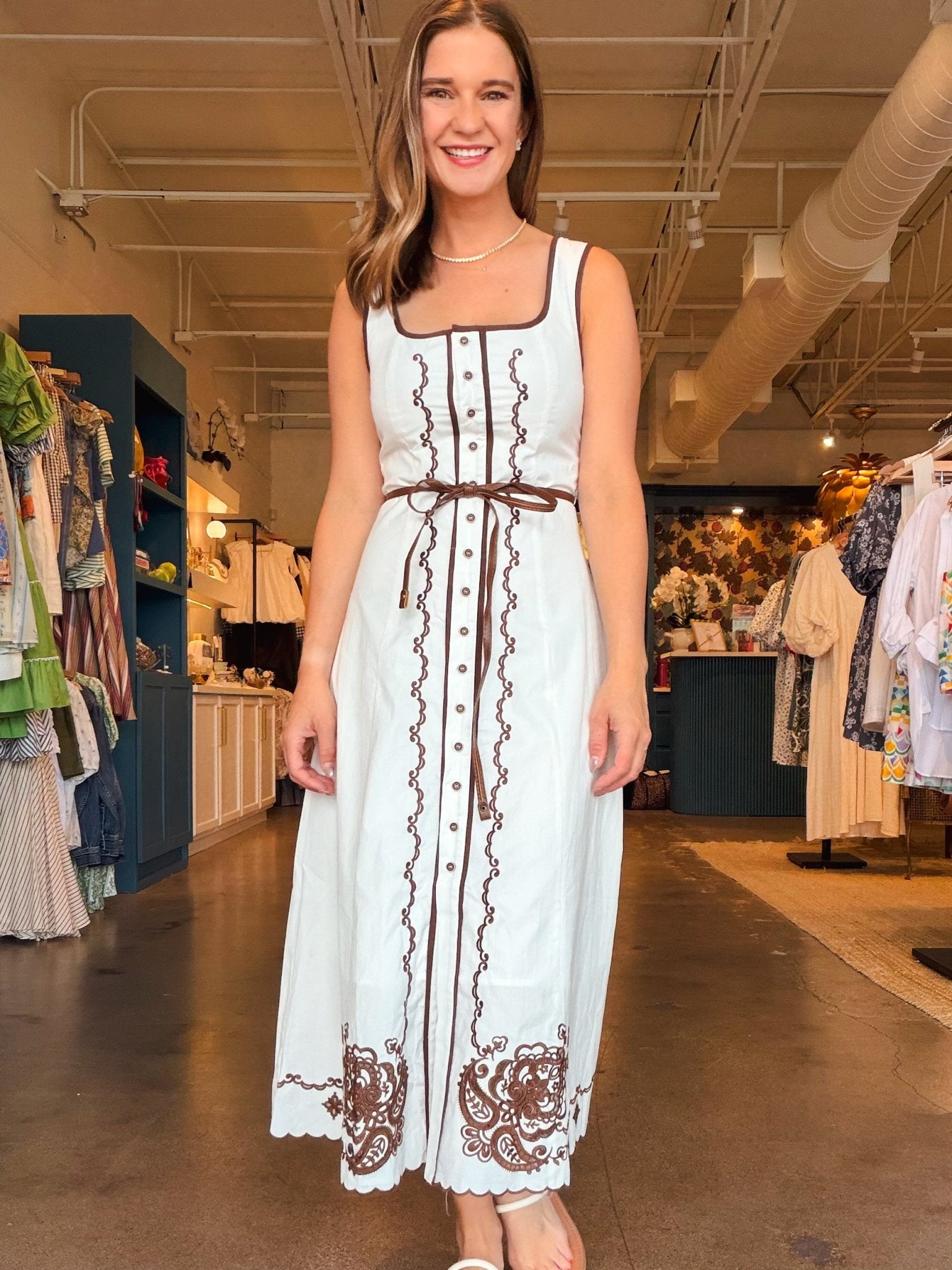 Natalie Button Front Embroidered Midi Dress - Elle Maxine