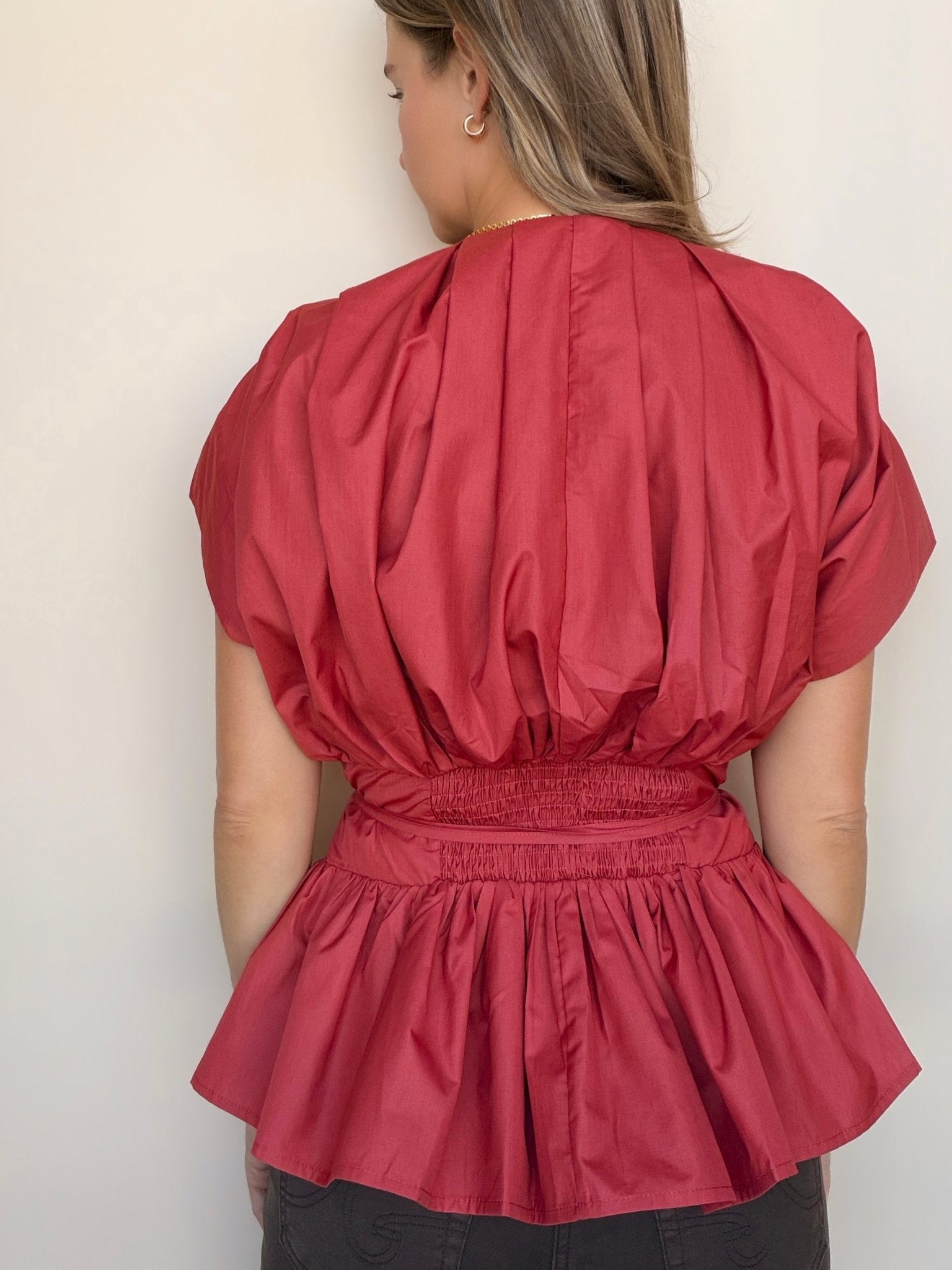Nora Pleated Tie Waist Peplum Blouse - Elle Maxine