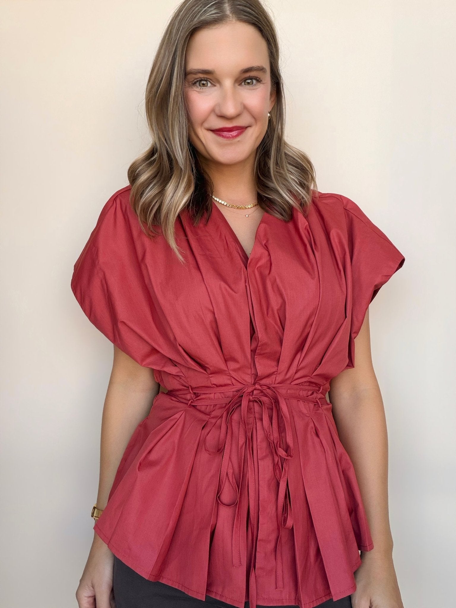 Nora Pleated Tie Waist Peplum Blouse - Elle Maxine